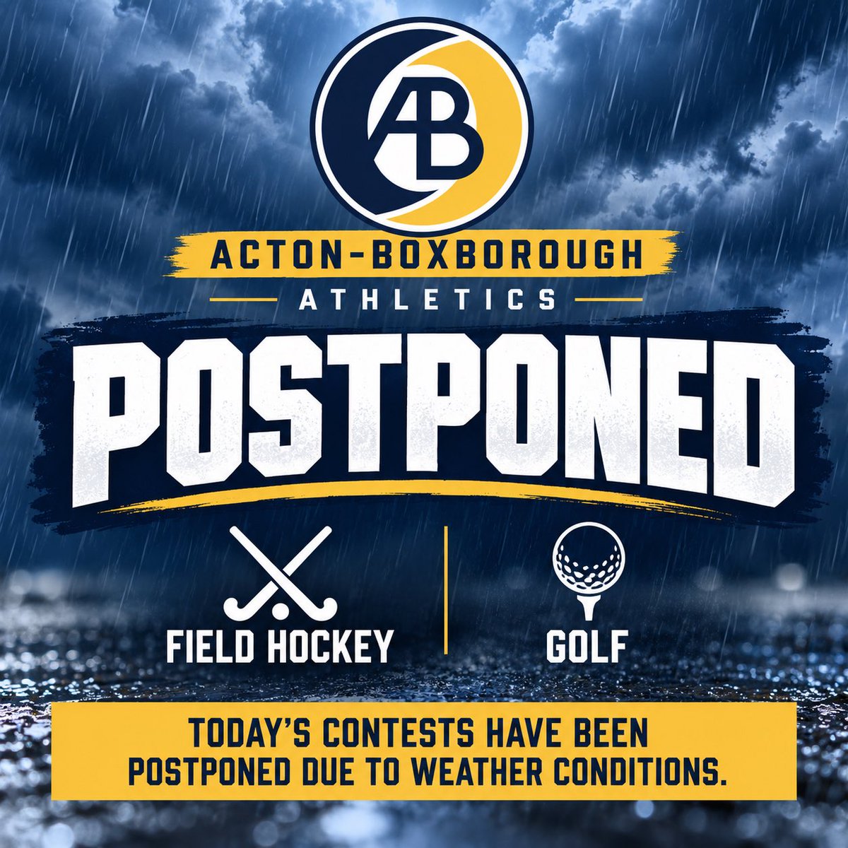 ABRevsAthletics's tweet photo. Due to the forecasted conditions for this afternoon, both field hockey and golf contests have been POSTPONED. Makeup dates are TBD - coaches will share practice plans and reschedule info once available.

At this time, all other contests remain on as scheduled.

#JoinTheRevolution https://t.co/AB5yEE2wOF