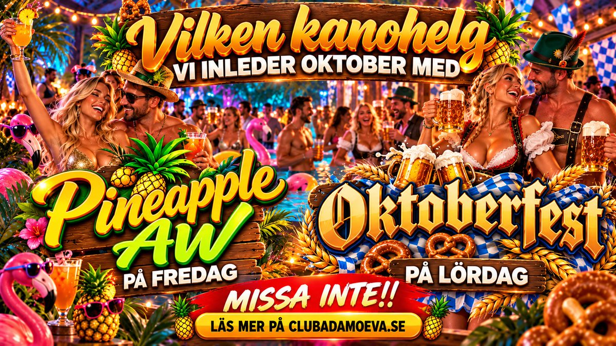 ClubAdamEva's tweet photo. Vilken helg vi har på gång på Sveriges bästa klubb. PineappleAW@CAE på fredag, kanonfina AW-priser i baren och förfeststämning. På lördag smäller det bästa Oktoberfesten i Sverige, ni vill väl inte missa...... https://t.co/lQn7g5rPJC