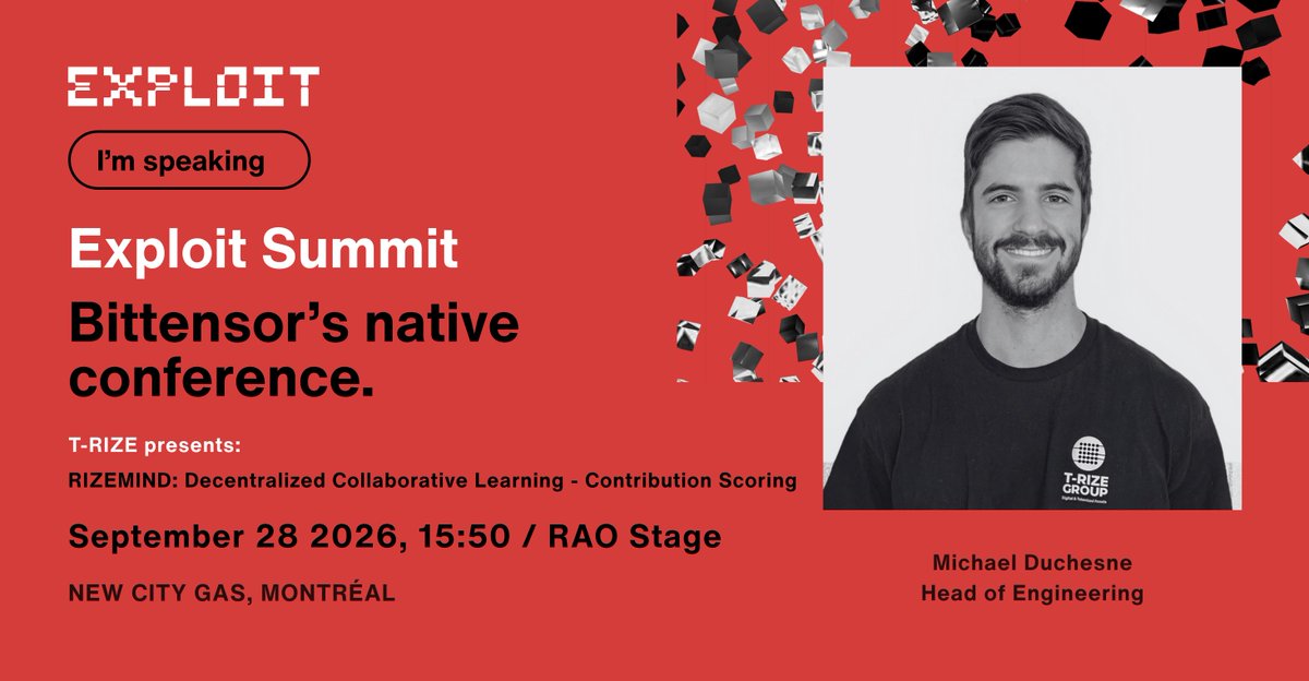 trize_io's tweet photo. Today in Montréal, @trize_io is taking the stage at @ExploitSummit.

RIZEMIND: Decentralized Collaborative Learning - Contribution Scoring

How can organizations build better AI together when the data cannot move?

Michael Duchesne (@mickduch), Head of Engineering, will explore contribution scoring, distributed evaluation, privacy-preserving learning & verifiable AI.

📍 Exploit Summit, New City Gas / Montréal
🕒 Today, September 28 at 15:50
🎤 RAO Stage

Broader intelligence. Sovereign data. Verifiable outcomes.

#RIZEMIND #FederatedLearning #DecentralizedAI #SovereignAI