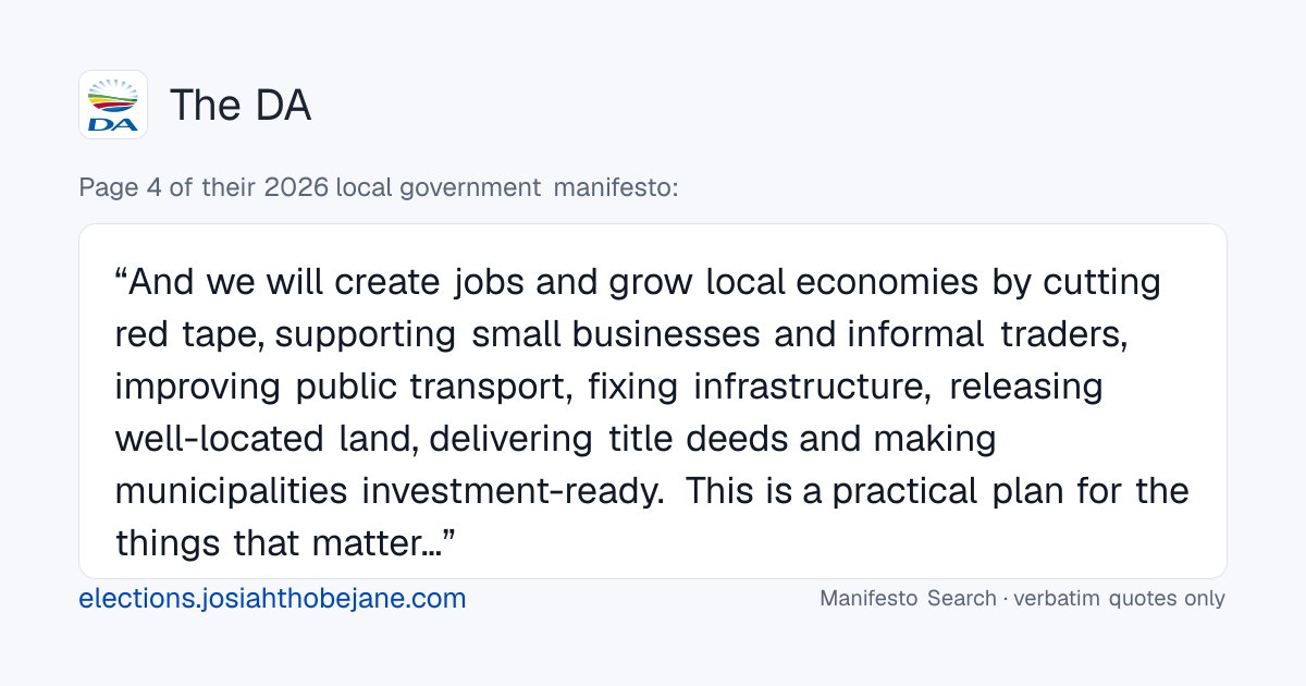 JosiahThobejane's tweet photo. I built a search tool for the 2026 local elections over the weekend.

Ask any keyword question and it shows you what each party's manifesto actually says about that topic with their own words.

Coverage for more parties coming soon 🇿🇦.

https://t.co/i03wkfFzpa #LGE2026 https://t.co/pGT7RBbLNo