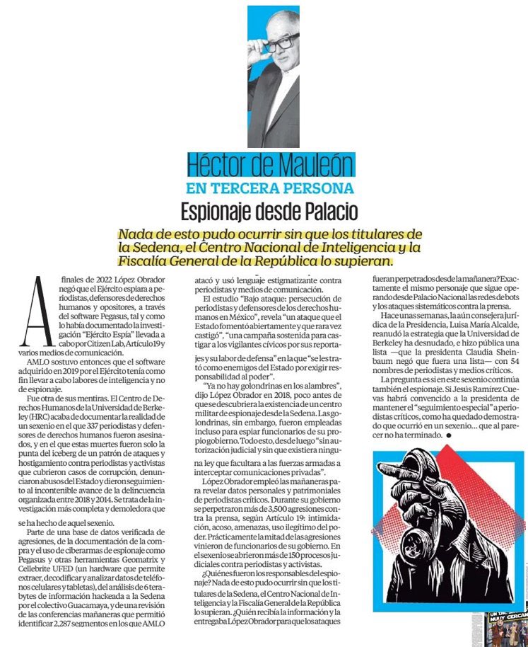 ferbelaunzaran's tweet photo. Tienen que leer a @hdemauleon sobre la investigación de la Universidad de Berkeley sobre el acoso, persecución y espionaje a periodistas, políticos y activistas durante el sexenio de López Obrador, lo cual podría llegar a la Corte Penal Internacional:

Espionaje desde Palacio. https://t.co/AEOUnITQaQ