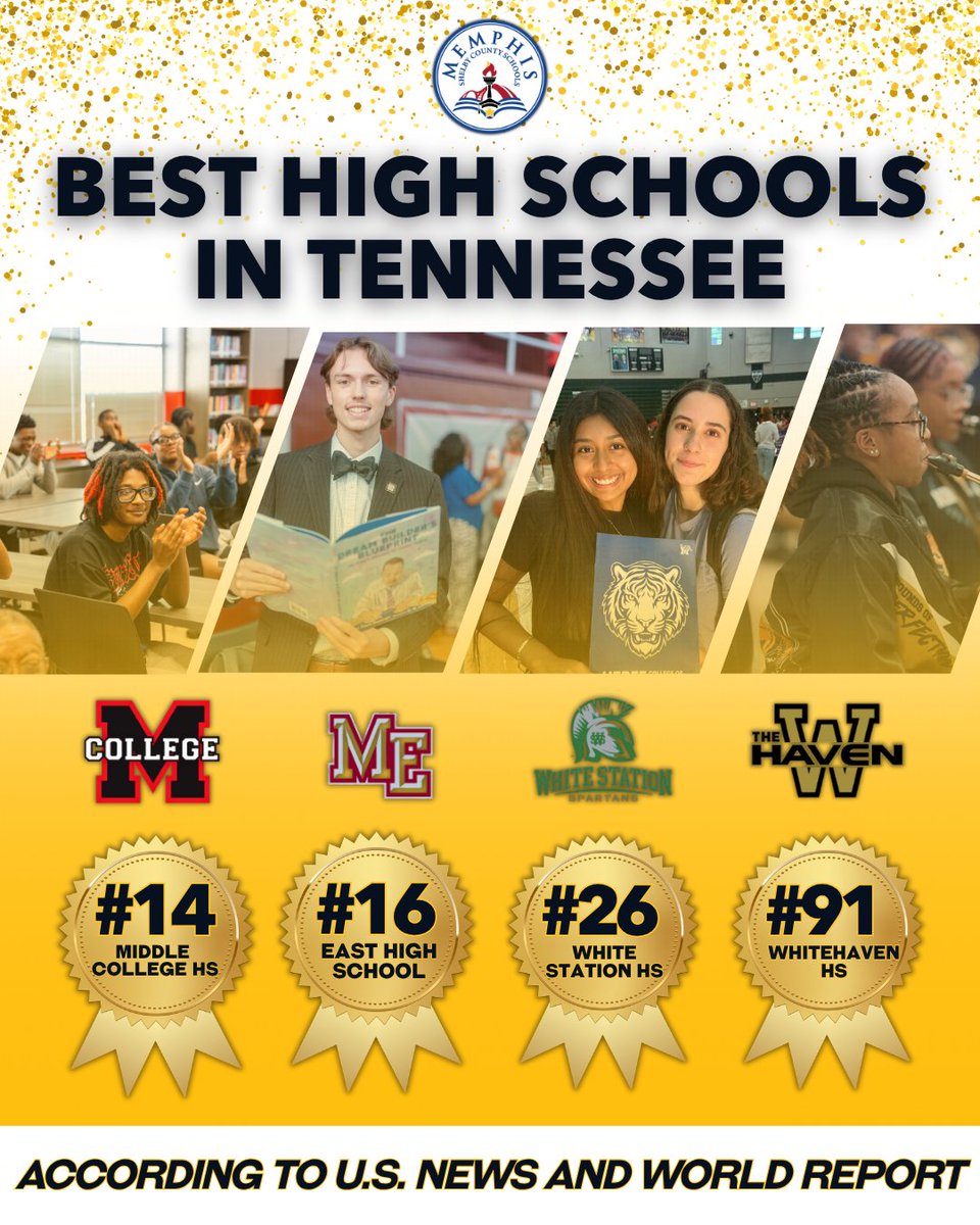 MSCSK12's tweet photo. Four Memphis-Shelby County Schools (MSCS) high schools have been recognized among Tennessee’s best in the 2026–27 U.S. News &amp; World Report Best High Schools rankings, with Middle College High School earning the District’s highest ranking at No. 14.

Visit: https://t.co/BZenJgE40V https://t.co/HBAT62PWVy