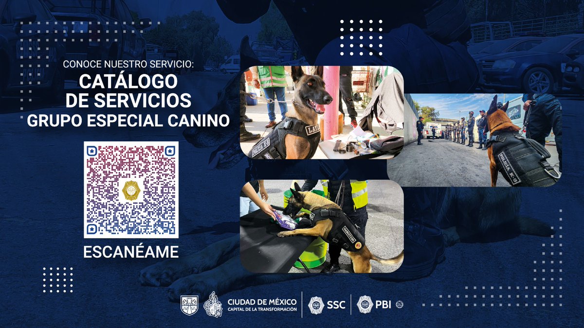 PBI_SSC's tweet photo. #ServiciosPBI | ¿Conoces cómo trabajan nuestros cánidos? ¿Tienes algún evento y requieres seguridad? La #PBI te invita a conocer el Catálogo de Servicios de la #UnidadCanina, escanea el código y podrás conocer más información. 🐶🦮👮🏽♂️ https://t.co/3YbapE8sJa