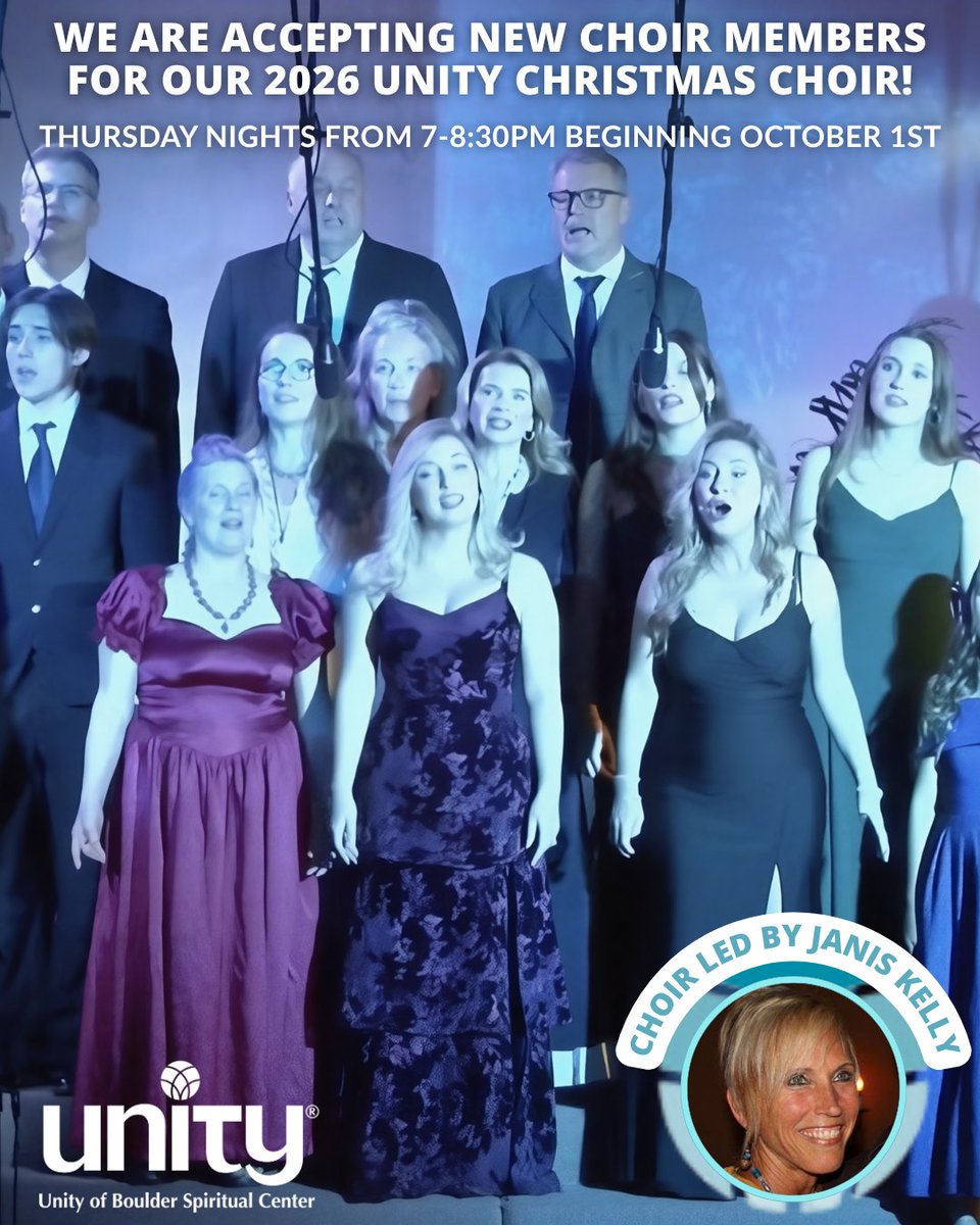 UnityBoulder's tweet photo. Auditions and rehearsals for the 2026 Unity Christmas Choir begin this Thursday October 1st. Led by Janis Kelly, this year promises an unforgettable musical journey. Meet us on Thursday nights from seven to eight thirty or sign up on our website. https://t.co/3ygWsY4Fl0