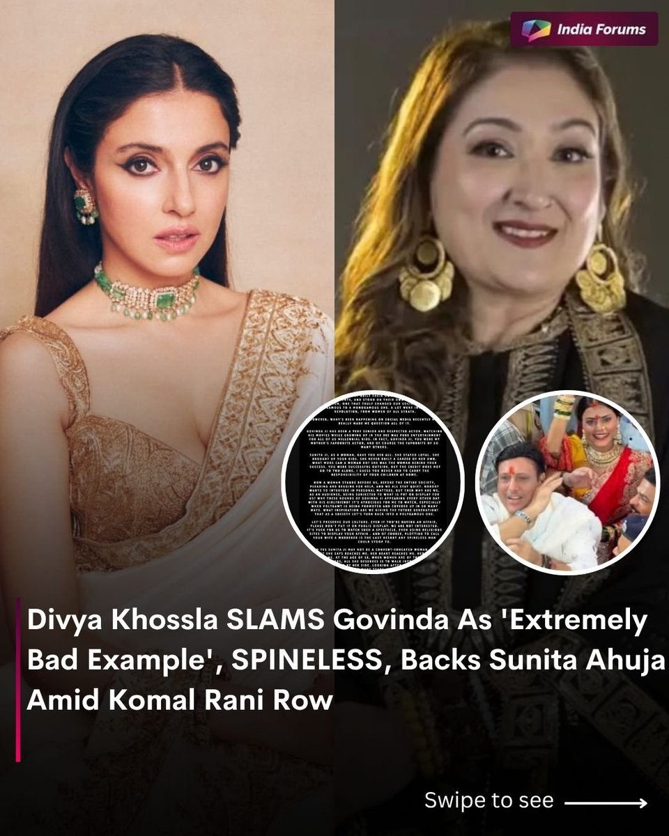 indiaforums's tweet photo. Divya Khosla has spoken out in support of Sunita Ahuja amid the ongoing controversy surrounding Govinda and Komal Rani. In her statement, Divya questioned the public display of the situation and expressed solidarity with Sunita.
📸 @divyakhossla
.
.
.
#DivyaKhosla #SunitaAhuja #Govinda #KomalRani #BollywoodNews #Controversy #Spineless