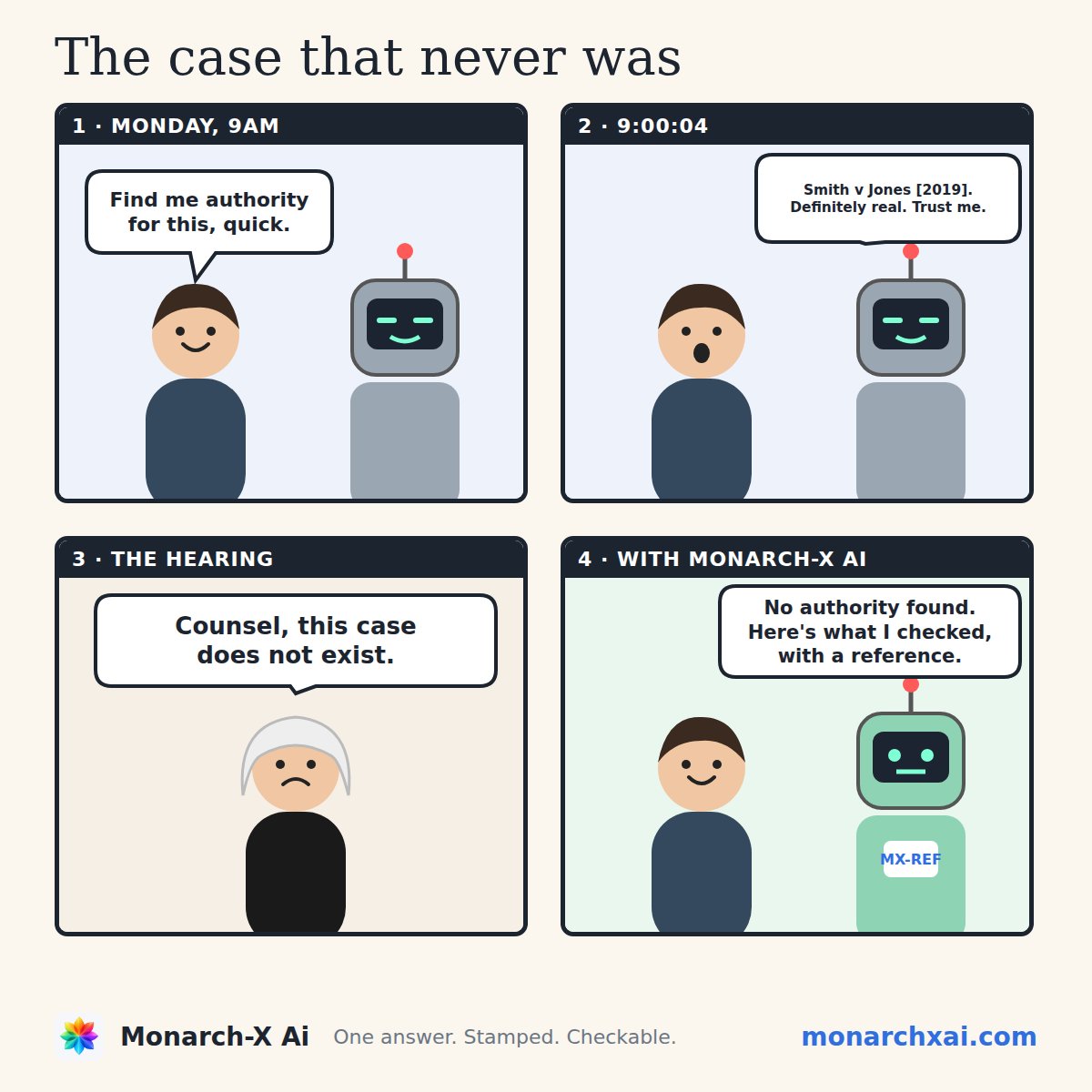 MonarchXAi's tweet photo. The case that never was.

Courts have now dealt with more than 2,000 decisions involving AI-invented citations. The problem isn't only the invention. It's that nobody can show afterwards what the AI actually said.

One answer. Stamped. Checkable.

#LegalTech #AI #LawTwitter https://t.co/8Hx3ZARg49