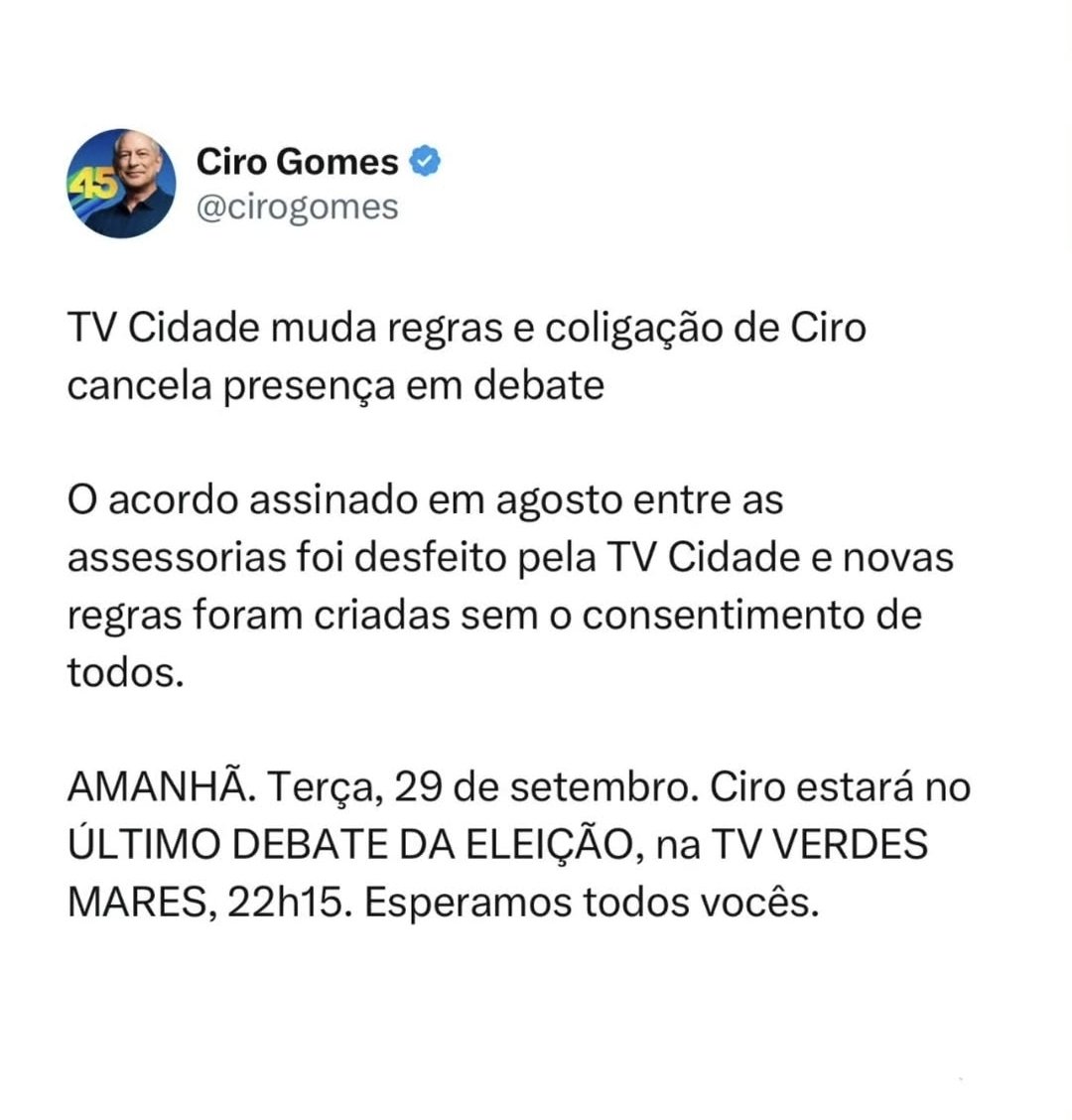 digao1123's tweet photo. SIM! Ciro Gomes desiste do debate no Ceará após decisão judicial obrigar a Record chamar o candidato da Missão para o debate. 

Ciro queria a dobradinha Ciro-PT. https://t.co/owp18oZlzZ