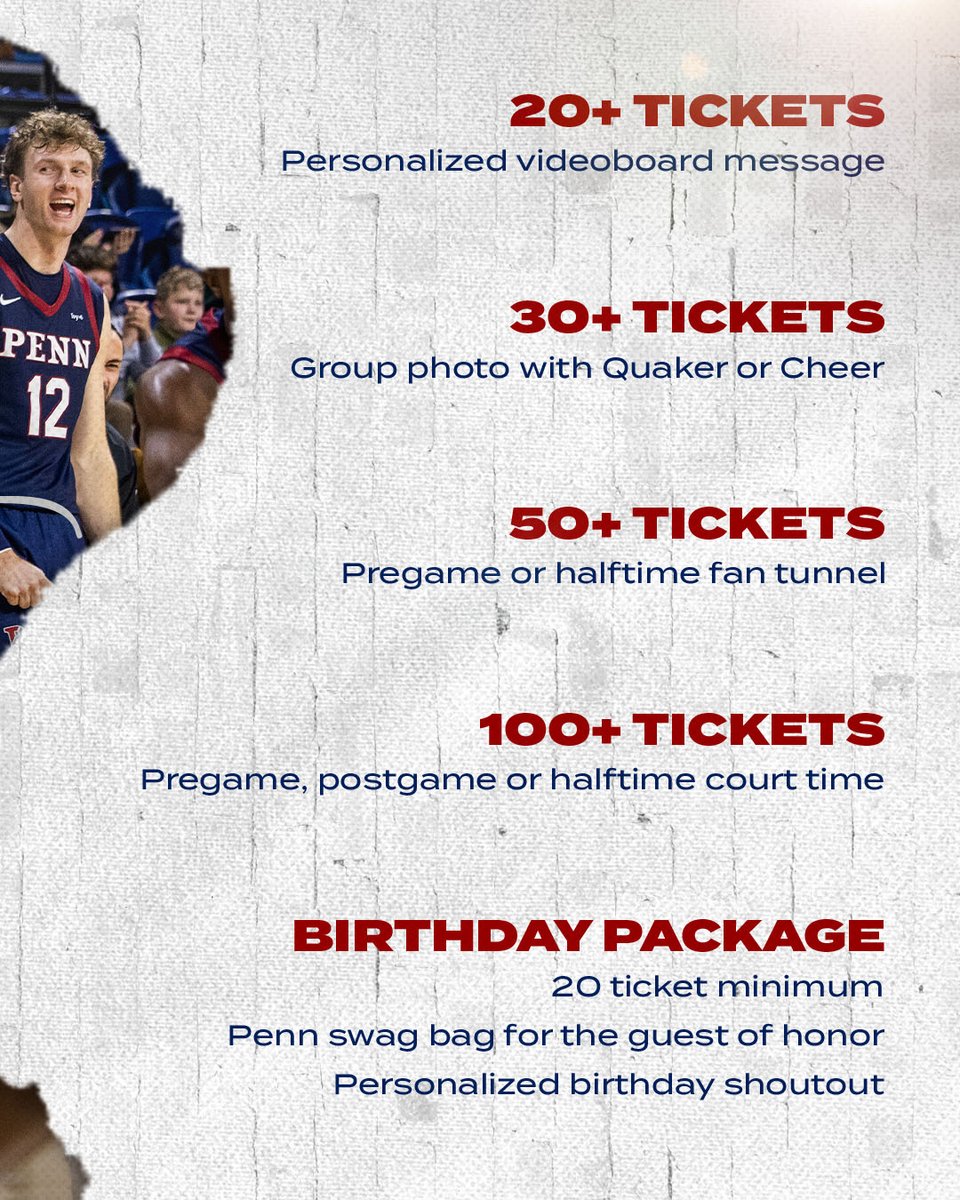 PennMBB's tweet photo. 𝐆𝐫𝐨𝐮𝐩 𝐓𝐢𝐜𝐤𝐞𝐭𝐬 🎟️   

Fans can now purchase group tickets for the upcoming 2026-27 season!

🔗: https://t.co/62V19MuvWl https://t.co/uT1VVnYYMy