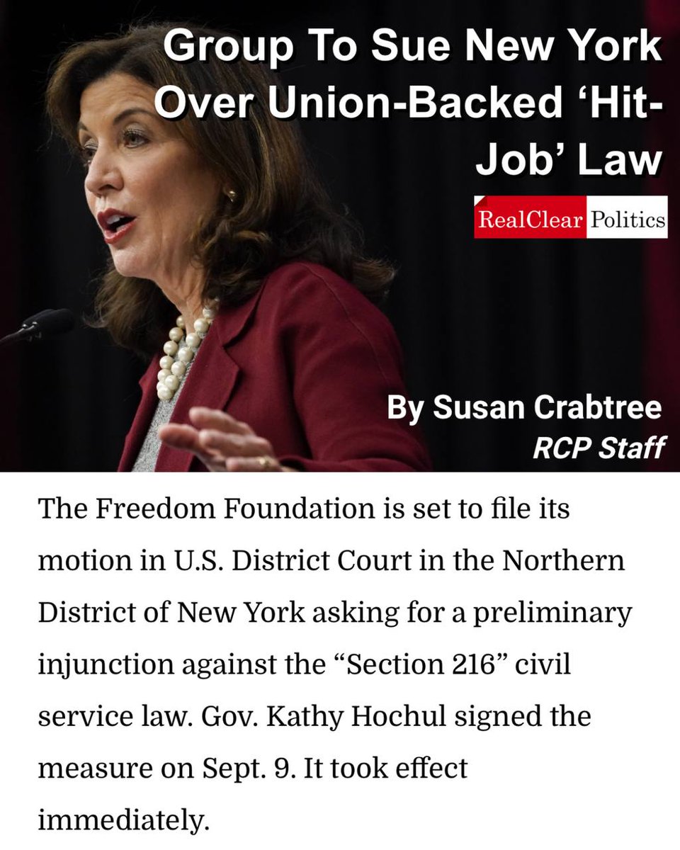 AaronWithe's tweet photo. Governor Hochul signed a law with one purpose: to silence us. It’s a hit job written by union bosses who are terrified of what happens when public employees learn they don’t have to pay dues, because once they know, many of them stop paying. That’s why we’re filing suit in federal court today. Albany doesn’t get to make it illegal to tell people the truth.