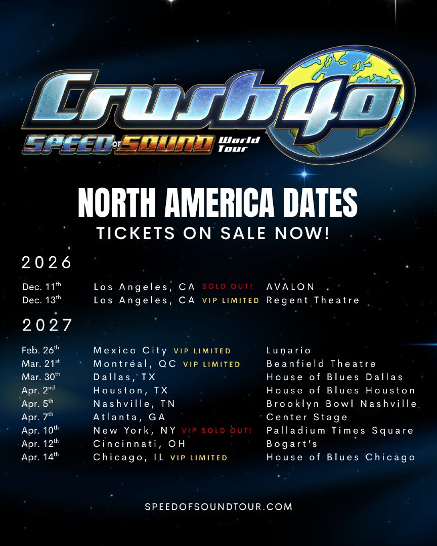 Crush40Johnny's tweet photo. NORTH AMERICA
Hear the songs that made your childhood and celebrate the Sonic community…
Tickets are on sale NOW! (Limited VIP Availability at Select Locations)
🔗 https://t.co/292vrrVlCC
#crush40 #speedofsoundtour #sonicthehedgehogmusic https://t.co/jgptBfYXl2