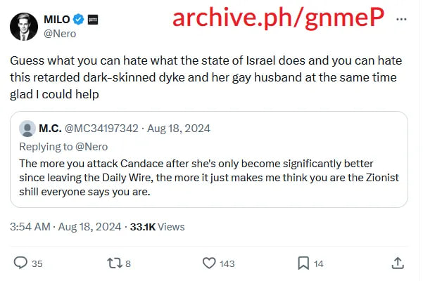 officialrnintel's tweet photo. 🇺🇸⚡️- Despite Milo Yiannopoulos having attacked and threatened Candace Owens in the past, including Milo claiming he has a lesbian sex tape of Owens, he has been on Candace's podcast twice since, and has been routinely cited by Owens on her show; likely indicating a blackmail situation between the two.

Milo has routinely lied about accusations against other influencers, however his accusations against Candace are corroborated by evidence of her lesbian dating profiles, sexual deviancy, and other tabloid posts alluding to Owens' history.

Milo's allegations also tie into George Farmer, Owens' husband, and his sexuality.