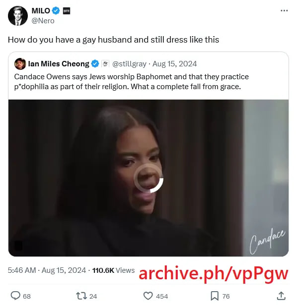 officialrnintel's tweet photo. 🇺🇸⚡️- Despite Milo Yiannopoulos having attacked and threatened Candace Owens in the past, including Milo claiming he has a lesbian sex tape of Owens, he has been on Candace's podcast twice since, and has been routinely cited by Owens on her show; likely indicating a blackmail situation between the two.

Milo has routinely lied about accusations against other influencers, however his accusations against Candace are corroborated by evidence of her lesbian dating profiles, sexual deviancy, and other tabloid posts alluding to Owens' history.

Milo's allegations also tie into George Farmer, Owens' husband, and his sexuality.