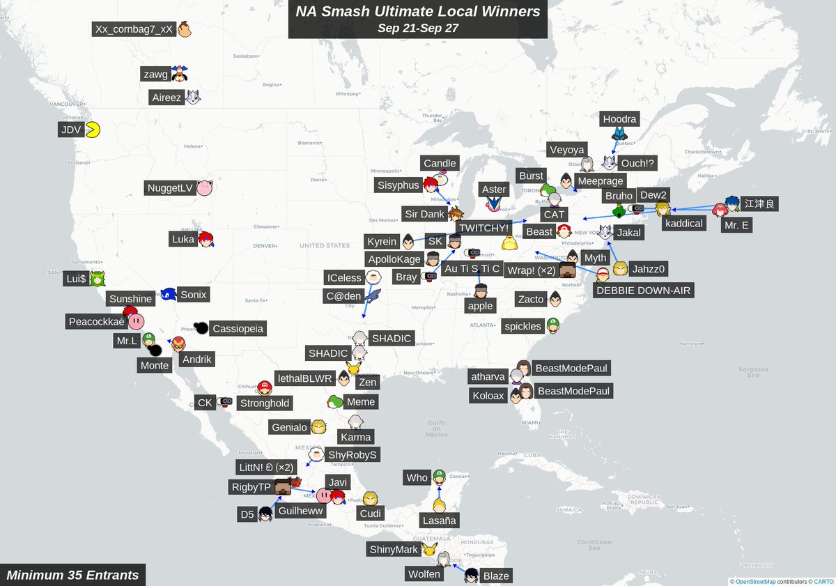 Statsfall's tweet photo. NA Smash Ultimate Local Winners
Sep 21-Sep 27 https://t.co/bYqbxIzBua