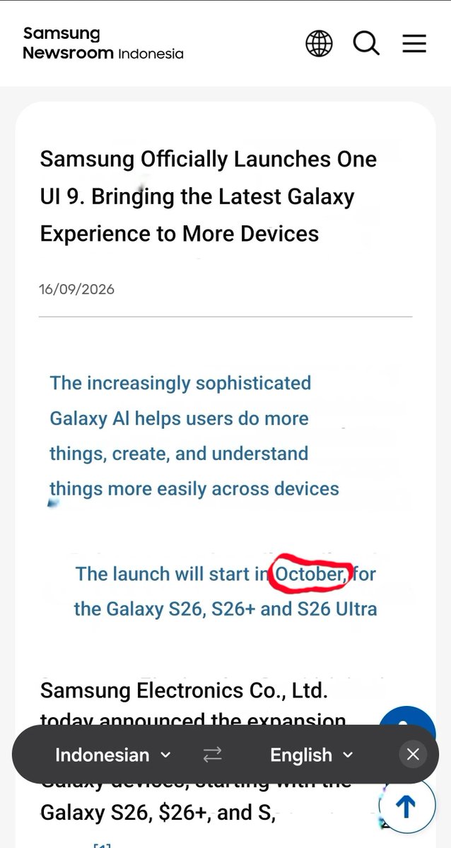 Ashwath_AR's tweet photo. @tarunvats33 @UniverseIce @SamMobiles @SammyFans @AndroidPolice Bad news. Samsung Newsroom Indonesia announced that the Galaxy S26 series update will roll out sometime in October, but they didn’t even give a specific date.

Samsung really makes us wait even longer. 🤬

#OneUI9 #GalaxyS26Ultra #GalaxyS26 #Samsung https://t.co/FmVJIHCDBQ