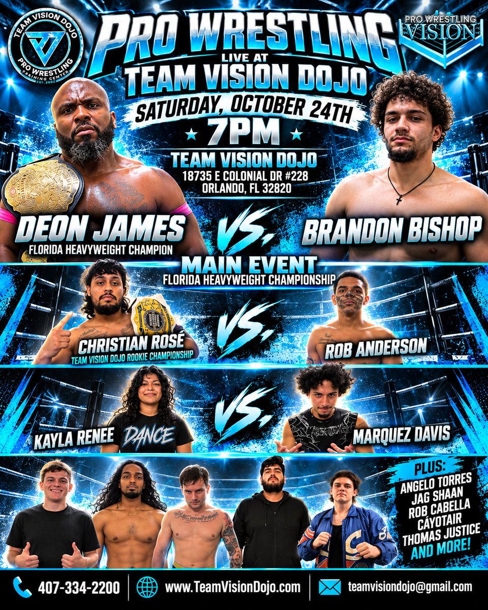 TeamVisionDojo's tweet photo. 🚪 DOORS OPEN: 7:00 PM
🔔 BELL TIME: 7:30 PM
Come see the future stars of professional wrestling LIVE in Orlando! Bring your friends, bring the family, and come experience the action!
#OrlandoFL #EastOrlando #OrlandoEvents #ProWrestling TeamVisionDojo https://t.co/vF3B0cho0j