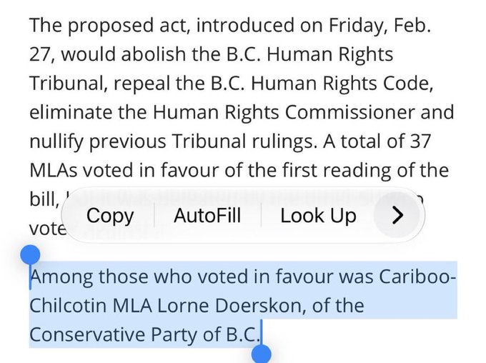 A screenshot of text about a proposed act to abolish the B.C. Human Rights Tribunal, with a highlighted selection reading 'Among those who voted in favour was Cariboo-Chilcotin MLA Lorne Doerskon, of the Conservative Party of B.C.'
