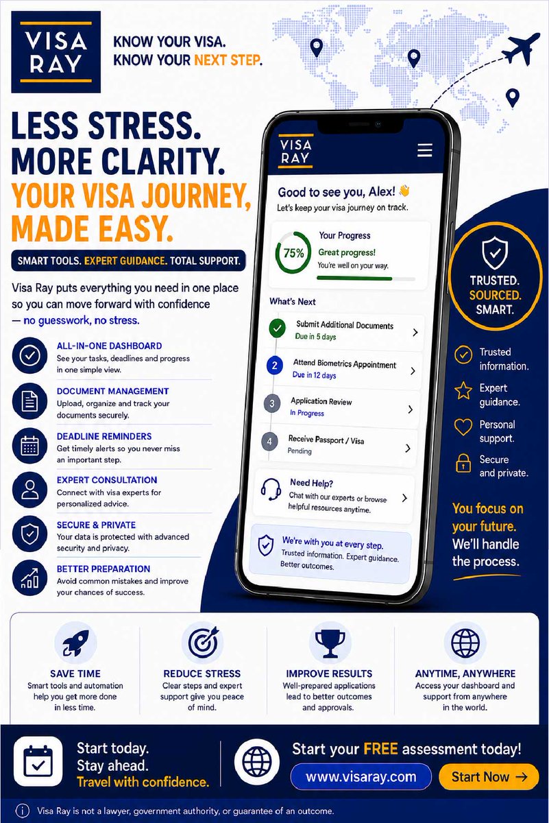 VisaRayOfficial's tweet photo. Less Stress. More Clarity. Your Visa Journey, Made Easy. βοΈπ Planning to move, study, or work abroad?
Know your visa. Know your next step. πβοΈ
π Claim your FREE assessment now at https://t.co/FDaULgIQuE
#VisaAssistance #ImmigrationSupport #TravelGoals #VisaConsultant #VisaRay https://t.co/jAQVE4Aa9V