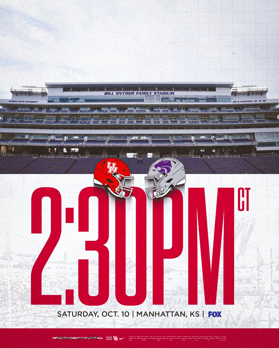 UHCougarFB's tweet photo. 2:30pm kick on FOX in the Little Apple🍎

#BuiltByHouston x #GoCoogs https://t.co/iVVIPMDnpZ