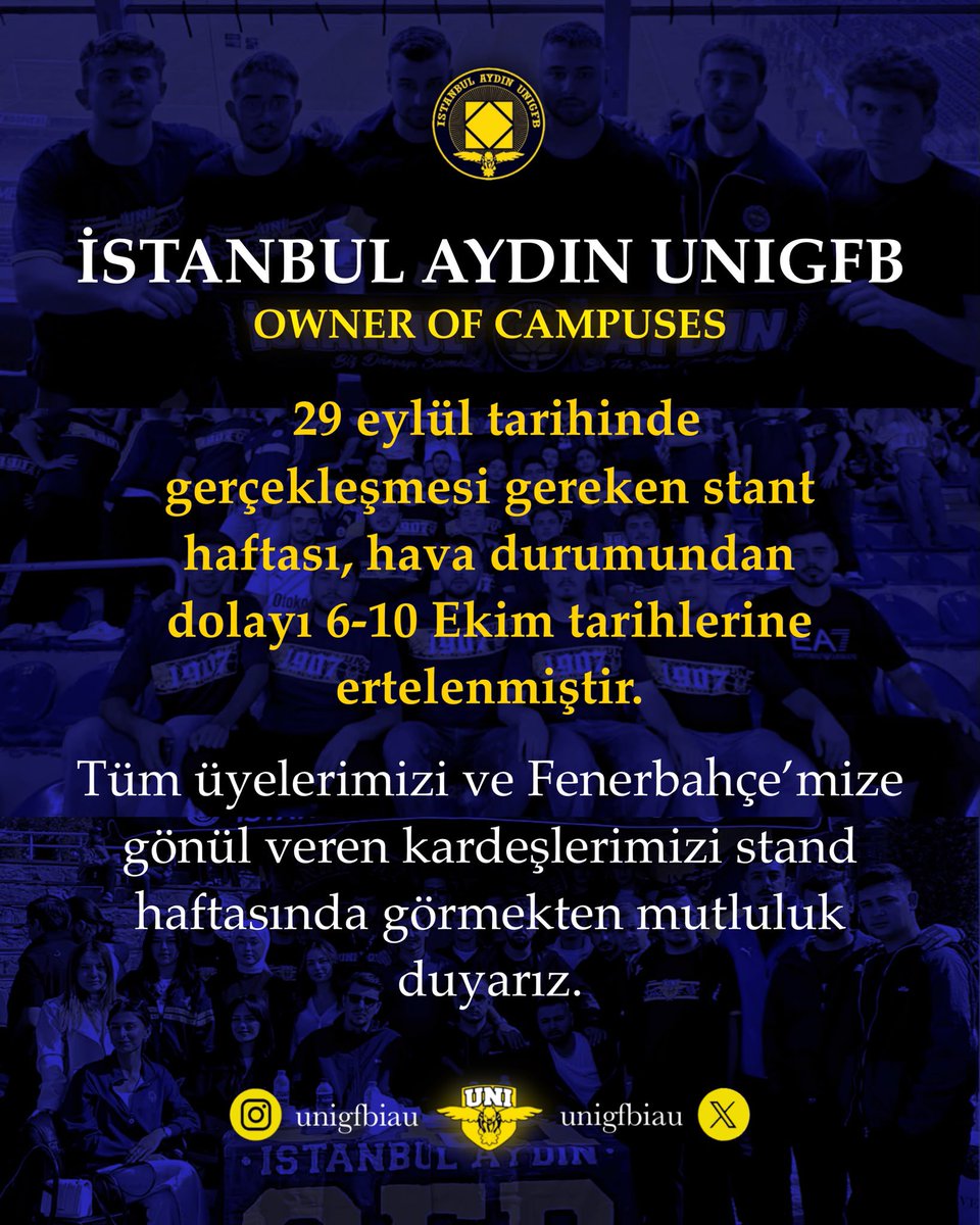 unigfbiau's tweet photo. FLORYA’NIN SAHİBİ UNIGFB!

29-30 Eylül,1-2 Ekim tarihleri arasında yapılacak olan standımız 6-10 Ekim tarihine ertelenmiştir.
Fenerbahçe’mize gönül vermiş tüm kardeşlerimizi standımıza bekliyoruz.

#UNIGFB https://t.co/Jz5j56Fq9h