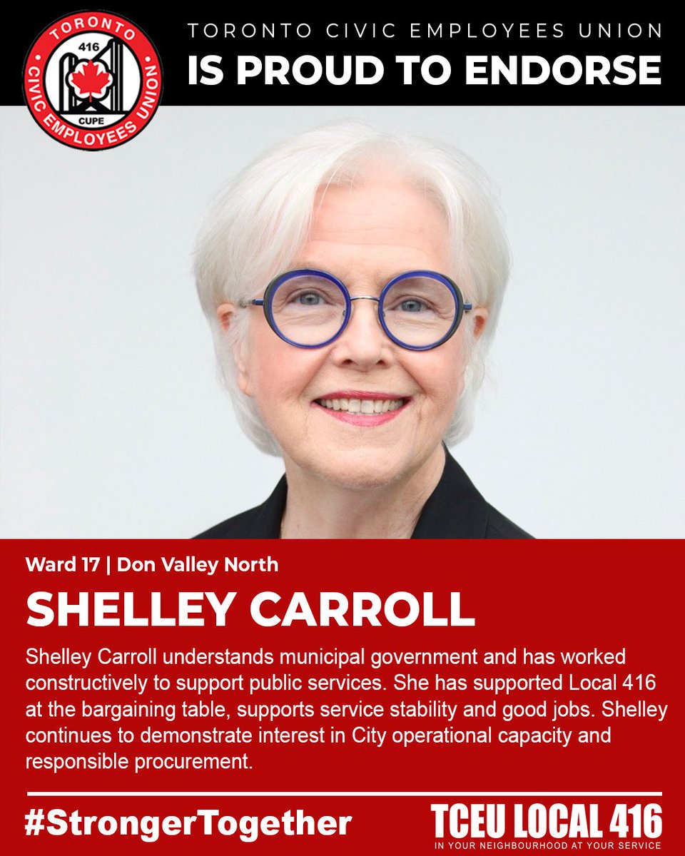 Local416's tweet photo. Shelley Carroll understands municipal government and has worked constructively to support public services. She has supported Local 416 at the bargaining table, supports service stability and good jobs. Shelley continues to demonstrate interest in City operational capacity and responsible procurement.  

Local 416 is proud to endorse Shelley Carroll for re-election in Ward 17.

@shelleycarroll 

#StrongerTogether