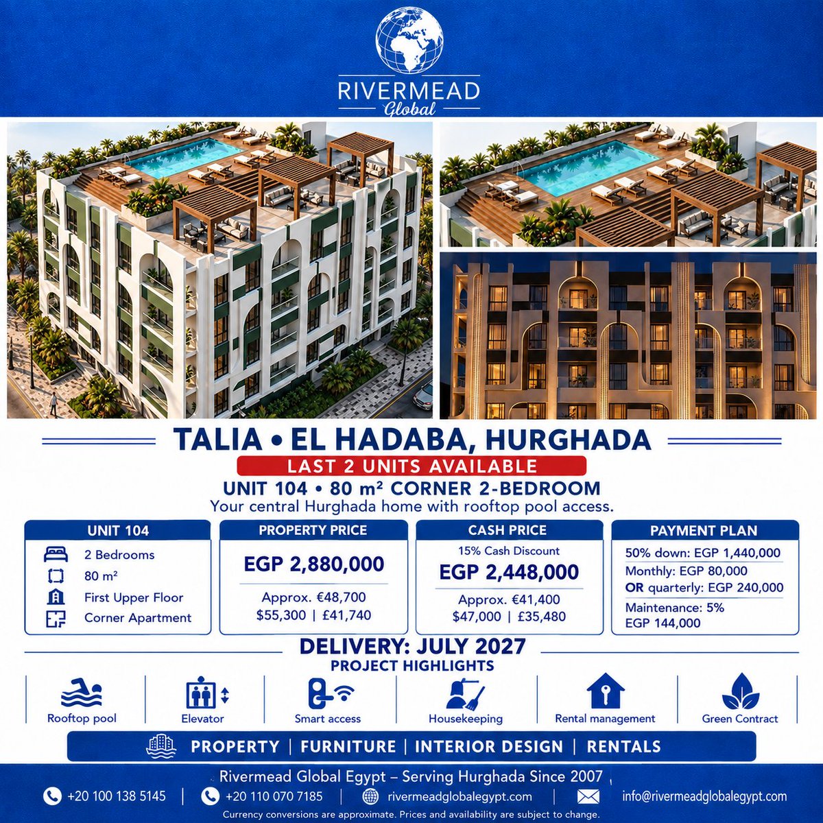 RivermeadG9455's tweet photo. 🔥 LAST 2 UNITS AT TALIA – 80 m² CORNER 2-BEDROOM APARTMENTS | EL HADABA 🔥
#Talia #TaliaHurghada #HurghadaProperty #HurghadaRealEstate #ElHadaba #PropertyForSale #RedSeaProperty #EgyptProperty #InvestmentEgypt #ApartmentForSale #RivermeadGlobal #RivermeadGlobalEgypt #Hurghada https://t.co/65ukVgeh1j
