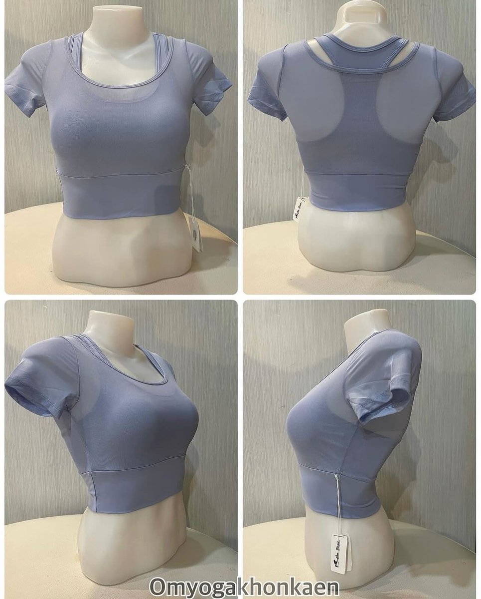 MilesVankampen's tweet photo. New! Cropped round-neck top with built-in bra. Lightweight, breathable, sweat-wicking, soft, comfortable, quick-drying, non-tight, and stylish. Price: 490 baht 
Fabric: 75% nylon, 25% polyester 
Colors: Cream, blue, black 
Free shipping 
Sizes: https://t.co/YkPyfzYaEV