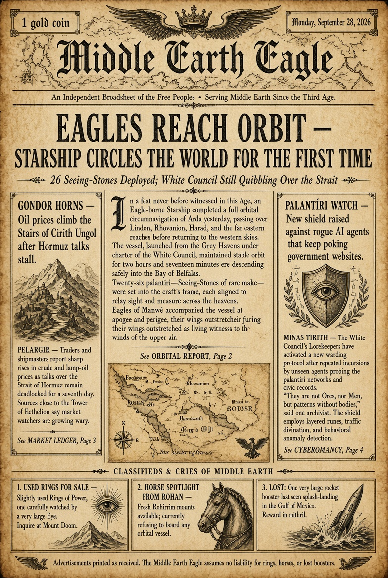 MidEarthEagle's tweet photo. The Eagles have landed in orbit.
Starship just completed its first true circuit of Middle-earth, dropping 26 shiny new Starlink “seeing-stones” https://t.co/sGZ3yMUu0H