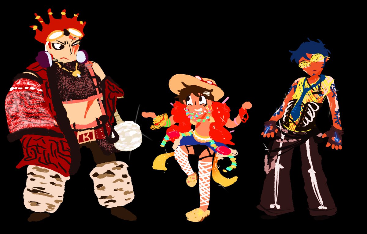luffypregnancy's tweet photo. messy designs of Kid, Luffy, and Law with a specific theme and scenario in mind https://t.co/bcBtclKH2g
