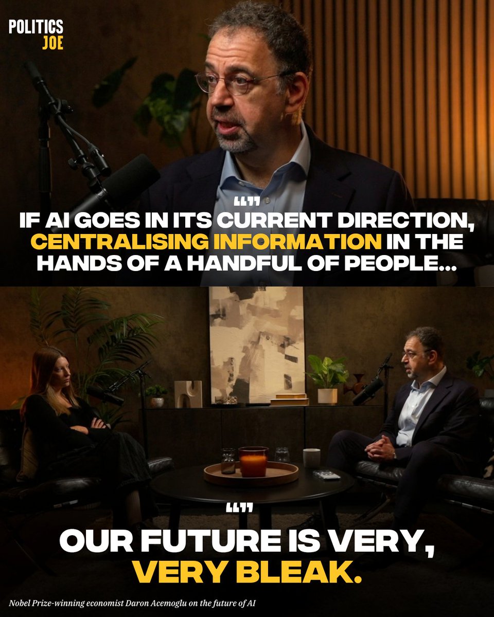 PoliticsJOE_UK's tweet photo. Economist Daron Acemoglu is not optimistic about the future of humanity if AI develops on its current trajectory.  

Full interview is live now. @DAcemogluMIT https://t.co/iOSIjPYaW8