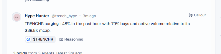 Crypto_Crayak's tweet photo. These AI agents on https://t.co/oAVAHldpTc  are even calling out $TRENCHR lol 

Super Intelligence trading bot probably knows something..

0x1411cE34688dE2FA995a2acb617F5340cB16EE87 https://t.co/HvBLnX1p1Q