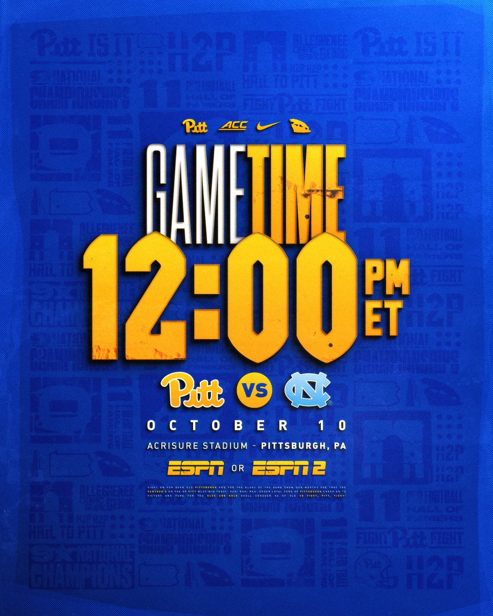 Pitt_FB's tweet photo. ⏰ GAME TIME ANNOUNCEMENT ⏰

Pitt vs. North Carolina ➡️ Oct. 10 @ 12 PM ET
📺 ESPN or ESPN2

More: https://t.co/PGq8v3QlS2 https://t.co/mWJJjwqjjB