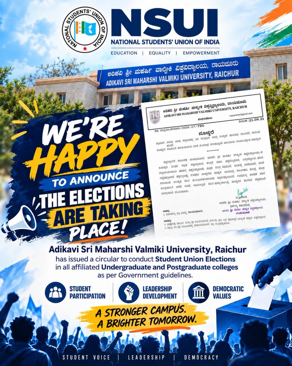 NSUIKarnataka's tweet photo. Adikavi Sri Maharshi Valmiki University, Raichur has issued a circular regarding the conduct of Student Union Elections in its affiliated Undergraduate and Postgraduate colleges, in accordance with government guidelines.
#NSUI #NSUIKarnataka #StudentUnionElections #Raichur https://t.co/f2oq3Oy7S9