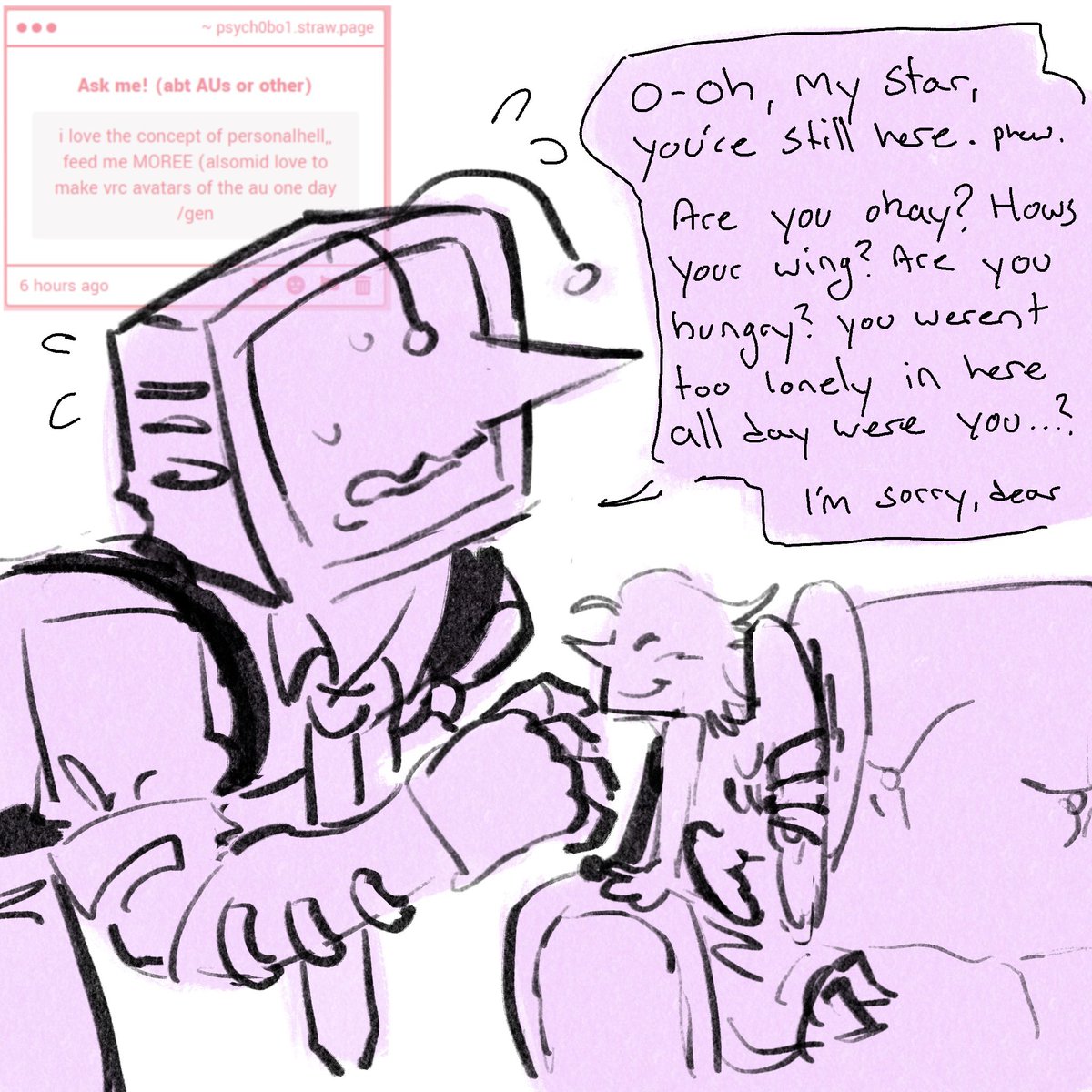 psych0bo1's tweet photo. my original idea was that tenna found an injured fallen angel who he would hide in his dressing room and fuss over, then i thought ‘what if spamton had the same but it was an incubus instead?’
also avatars of these guys would be sickk
#personalhellau #spamtenna https://t.co/c5ZI2wvDuP