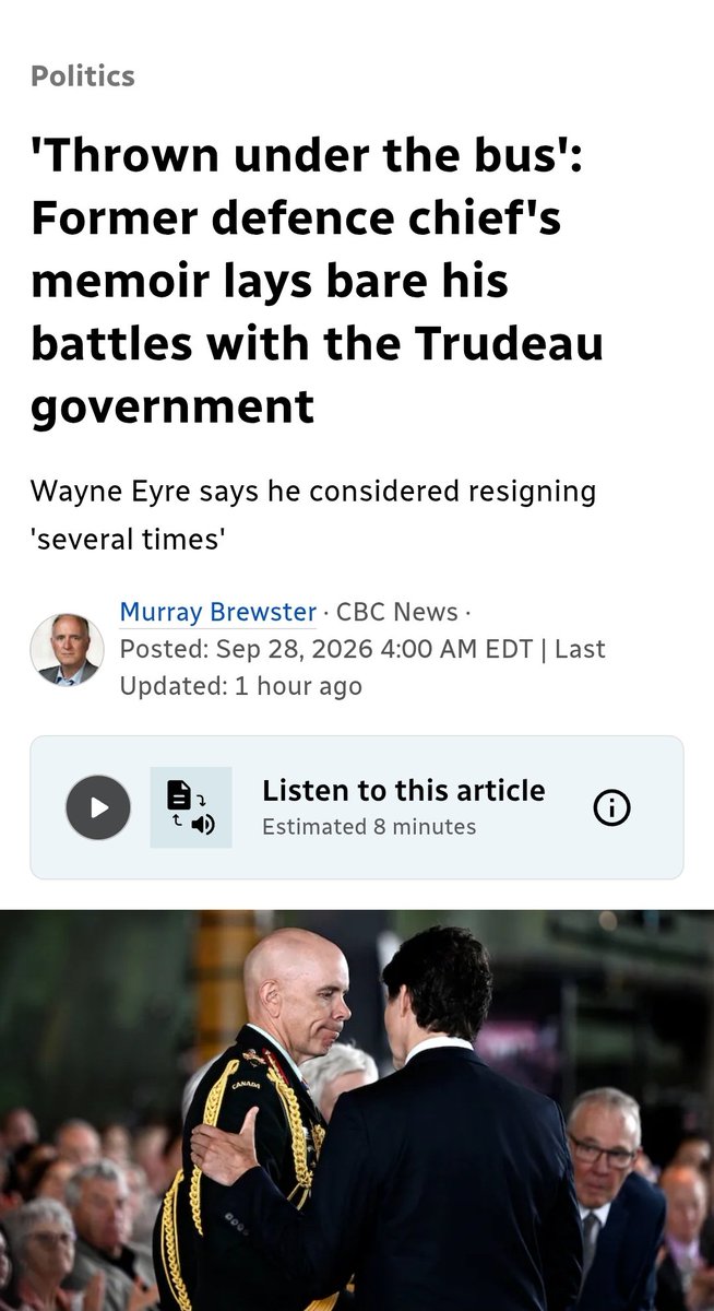 JeffEvely's tweet photo. The guy who thew the entire Canadian military under the bus on behalf of the Liberal government, by imposing the vaccine mandate that violated of the rights and freedoms they'd sworn to defend, is complaining about being thrown under the bus by the Liberal government.

The irony is not lost on me.