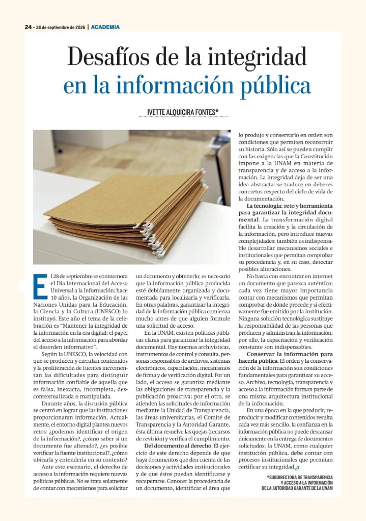 AGAUNAM's tweet photo. 📂Hoy es el Día Internacional del Acceso Universal a la Información

📃Te dejamos  este artículo sobre los "desafíos de la integridad en la información pública" por Ivette Alquicira, Subdirectora de la Autoridad Garante de la @UNAM_MX . 

💻Leélo en: https://t.co/bDOdy7keCW https://t.co/6kWaLf8twl