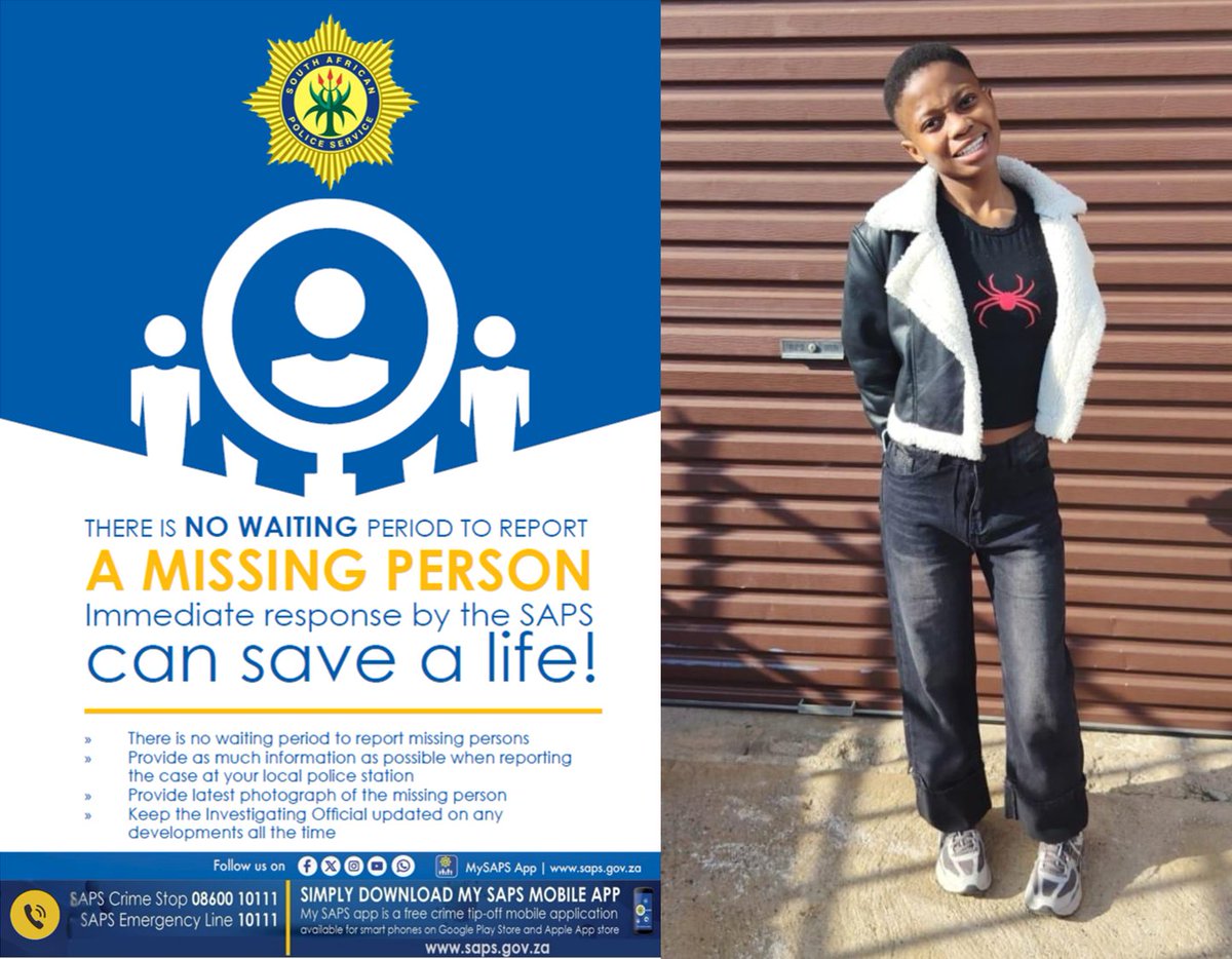 SAPoliceService's tweet photo. RT #sapsFS [HELP THABONG POLICE FIND MISSING 17-YEAR-OLD SIBONGILE JUNUNDO] Thabong #SAPS is requesting assistance from the public to locate Sibongile Junundo (17) who went #missing in Thabong. 

It is alleged that Sibongile left her home in Thabong on Saturday, 26/09 at about 18:00. She left her place of residence in the company of her friend. She has since not returned home. She was reported missing by her mother.

A missing person's file was registered for further investigation.

At the time of her disappearance Sibongile was reportedly wearing black denim jeans, a cream T-shirt and cream Puma sneakers.

Anyone with information on the whereabouts of Sibongile Junundo can contact Thabong police on 082 848 8120. #CrimeStop #MySAPSApp ME