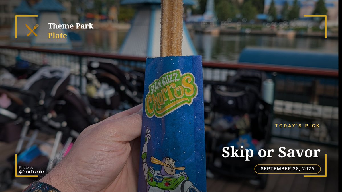 ThemeParkPlate's tweet photo. Today’s Skip or Savor takes us to Pixar Pier for the iconic treat from Señor Buzz Churros! 
Warm, crispy, dusted in cinnamon sugar, and served fresh on the boardwalk.
Are Disneyland churros a SAVOR for you, or an easy SKIP? 👇
#DisneyEats #Disneyland #SkipOrSavor #ThemeParkPlate https://t.co/s24HcnAUZD