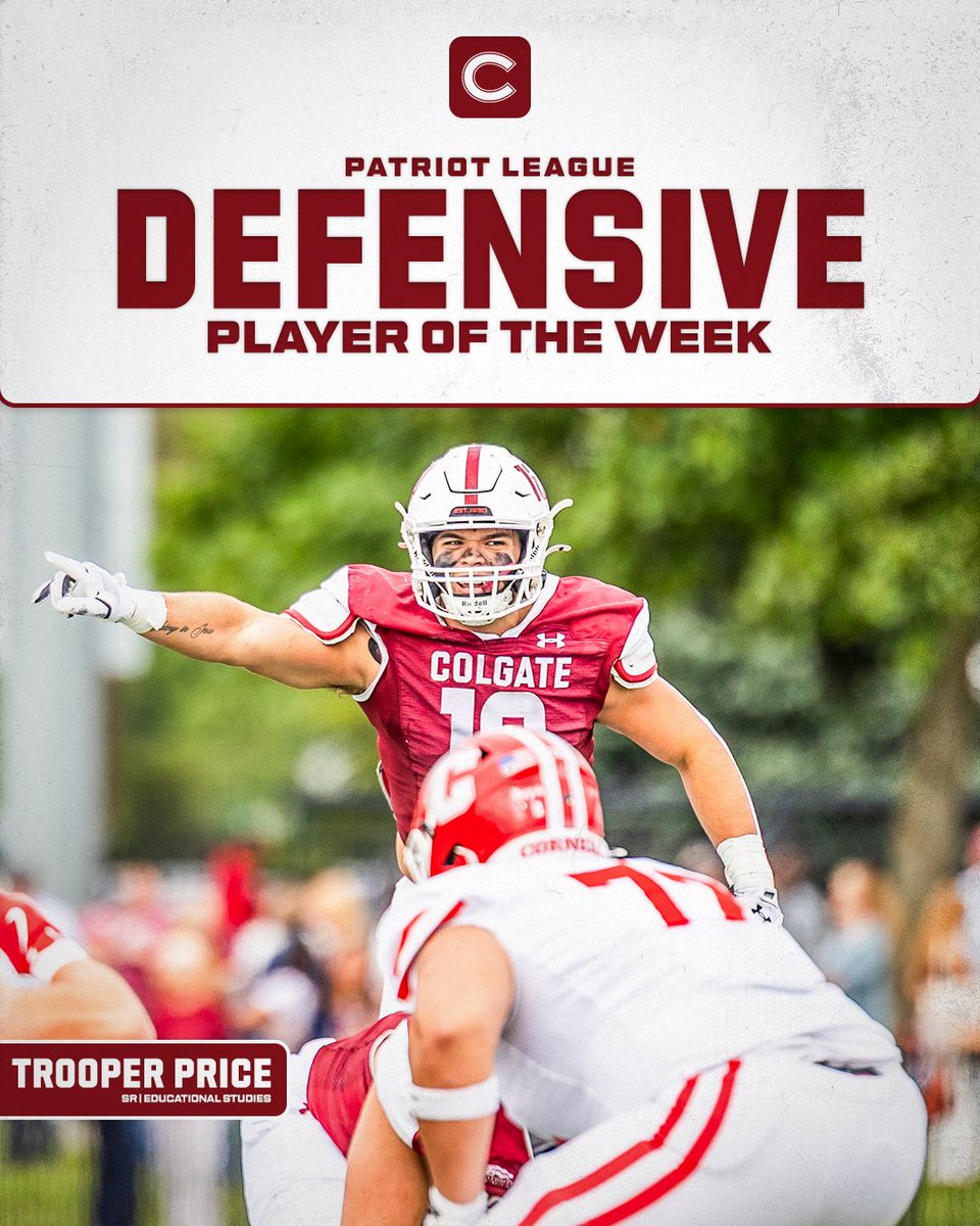 ColgateFB's tweet photo. 𝐏𝐚𝐭𝐫𝐢𝐨𝐭 𝐋𝐞𝐚𝐠𝐮𝐞 𝐰𝐞𝐞𝐤𝐥𝐲 𝐡𝐨𝐧𝐨𝐫𝐬.

☑️ @TrooperPrice
☑️ @CalebNaumann25

#GoGate | #DrawTheLine https://t.co/OGTxpLK9PK