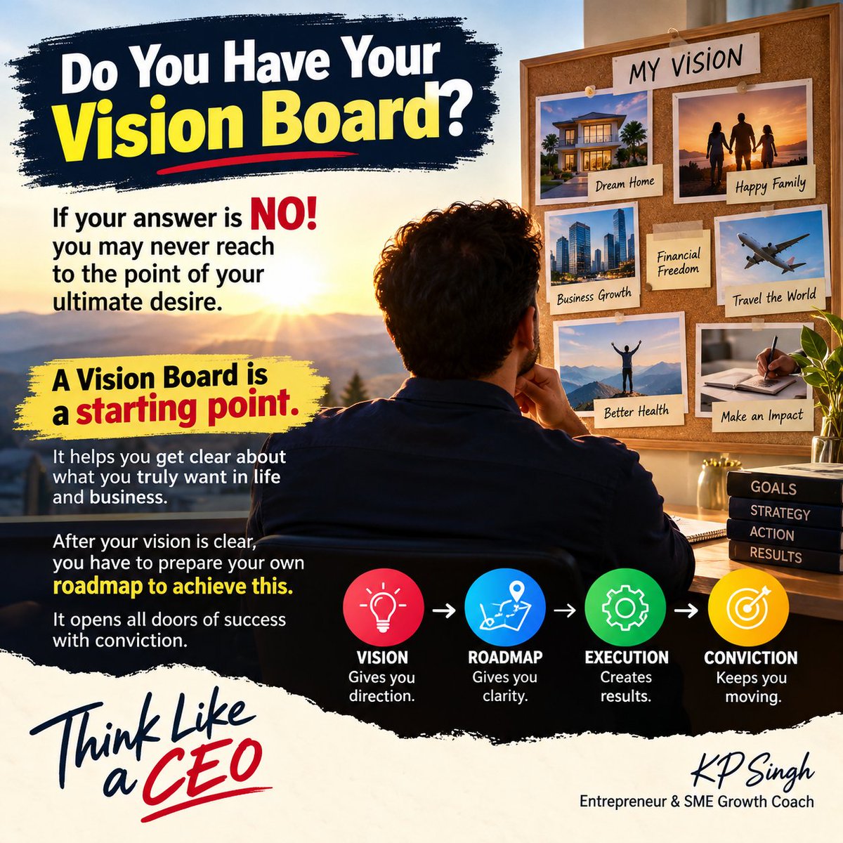 kpsinghofficial's tweet photo. Do you have a Vision Board?

If NO, pause and think.

Vision is your starting point.
Your roadmap gives direction.
Execution creates results.
Conviction keeps you moving.

Create your vision. Build your roadmap. Execute with conviction.

Think Like a CEO

Cheers https://t.co/ZLqyDeACMk