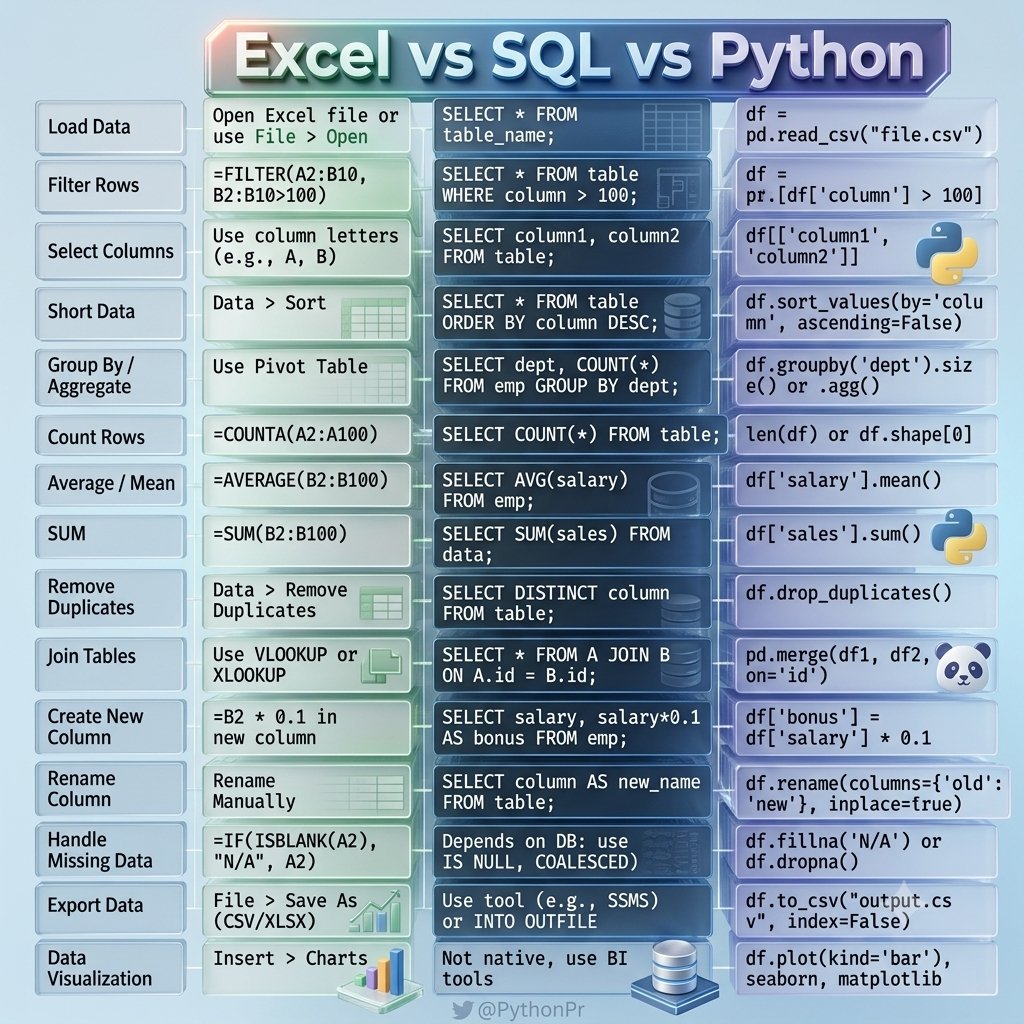 PythonPr's tweet photo. Excel vs SQL vs Python for Data Analyst ✍️ https://t.co/LV3GFZnlEO