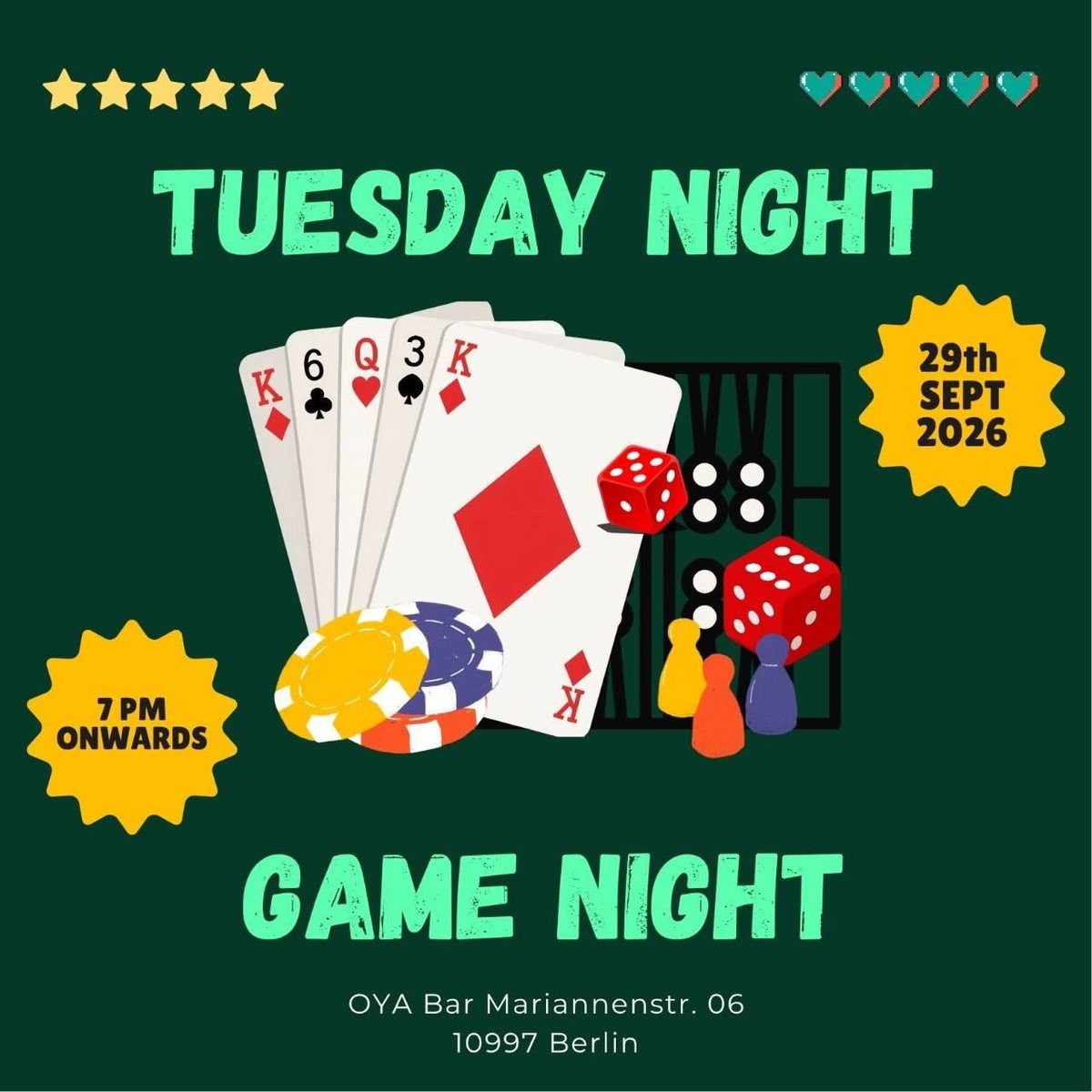 BerlinDemo's tweet photo. 💥Announcement! Tuesday 29.09.2026💥
✨Tuesday evening – Games night at the OYA Bar✨
Tuesday, 29.09.2026 | 7.00 pm | OYA Bar, Mariannenstraße 6, 10997 Berlin
📣 Call to action: https://t.co/4Zaj8Q1Zac
#b2909 #GamesNight
1/2 https://t.co/2mCnu8s8SC