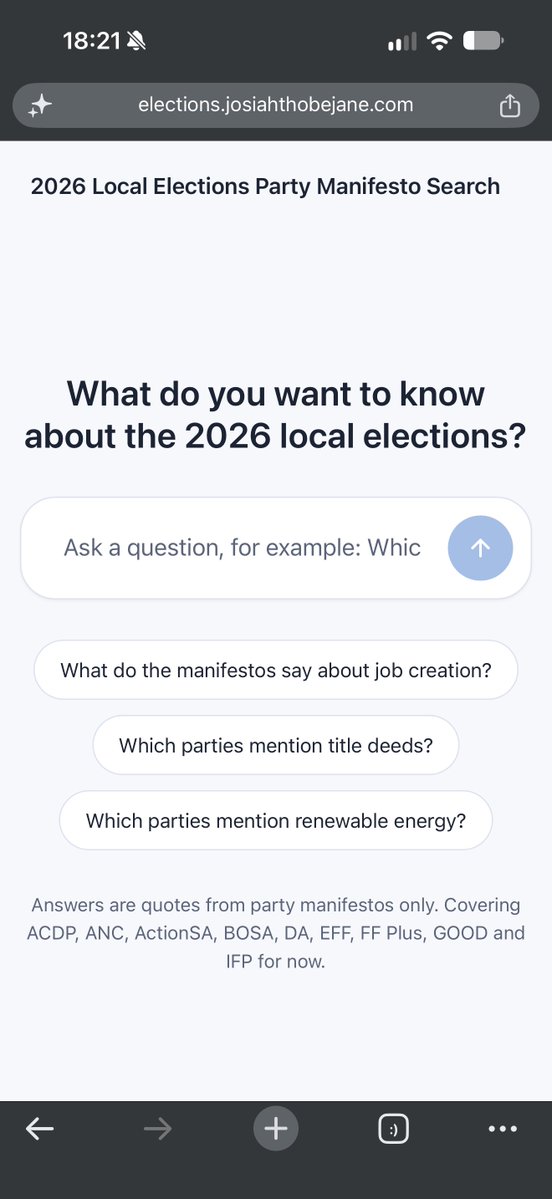 JosiahThobejane's tweet photo. Party manifestos can be tiring to read through, this search tool looks through dozen local election manifestos for you using a simple keyword search and gives a AI Summary if you need 🤗

https://t.co/NIZNn5kMTy https://t.co/9QXdjdQQ6l