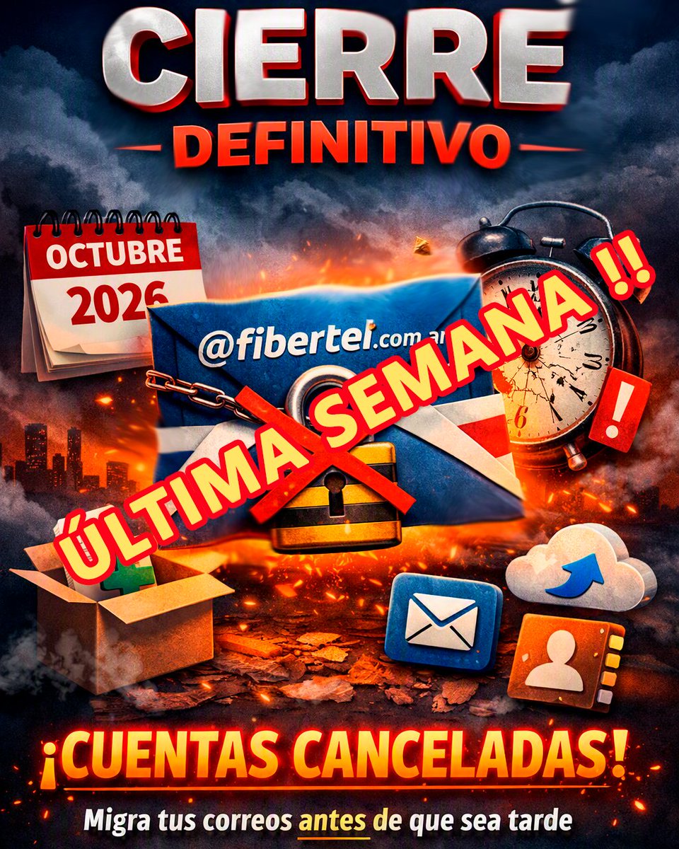 jadomillan's tweet photo. Cierre definitivo de cuentas de correo fibertel: última semana para migrar!!
https://t.co/DBBdu62FKp
#Fibertel #CorreoElectronico #MigracionDigital #BackupEmails #ExportarContactos #Outlook #Thunderbird #Gmail #TelecomArgentina #IdentidadDigital #ServiciosVinculados https://t.co/1GCkrC2lZs