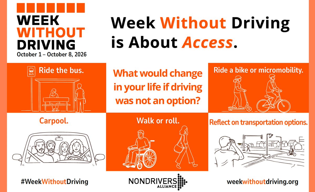 CapMetroATX's tweet photo. 🟧 Week Without Driving is Oct. 1-8. 🟧

The week is about more than going without a car. It's an opportunity to experience what getting around looks like when driving isn't an option and better understand the barriers members of our community face every day.

Here's how to participate by taking CapMetro:
📲 Plan your trip with @transitapp
💲 Pay for fare using the Umo app, Tap to Pay or exact change
🅿️ Try a CapMetro Park & Ride near you
🚲 Take a ride on CapMetro Bikeshare
📞 Schedule a ride in a Pickup Zone

Try public transportation for a trip, a day or the full week!

Sign up for the challenge: https://t.co/FcatinxpwS

Follow @safestreetsatx and @Movability for year-round local public transportation resources.

#WeekWithoutDriving #WeekWithoutDrivingATX @americawalks
