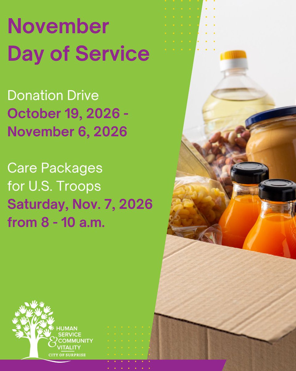 SurpriseCares's tweet photo. In preparation for the November Day of Service, the City of Surprise is hosting a donation drive from October 19 through November 6 to support deployed U.S. service members.  
Learn More : https://t.co/AHbpZK8pLt https://t.co/EgE6GfsYPC