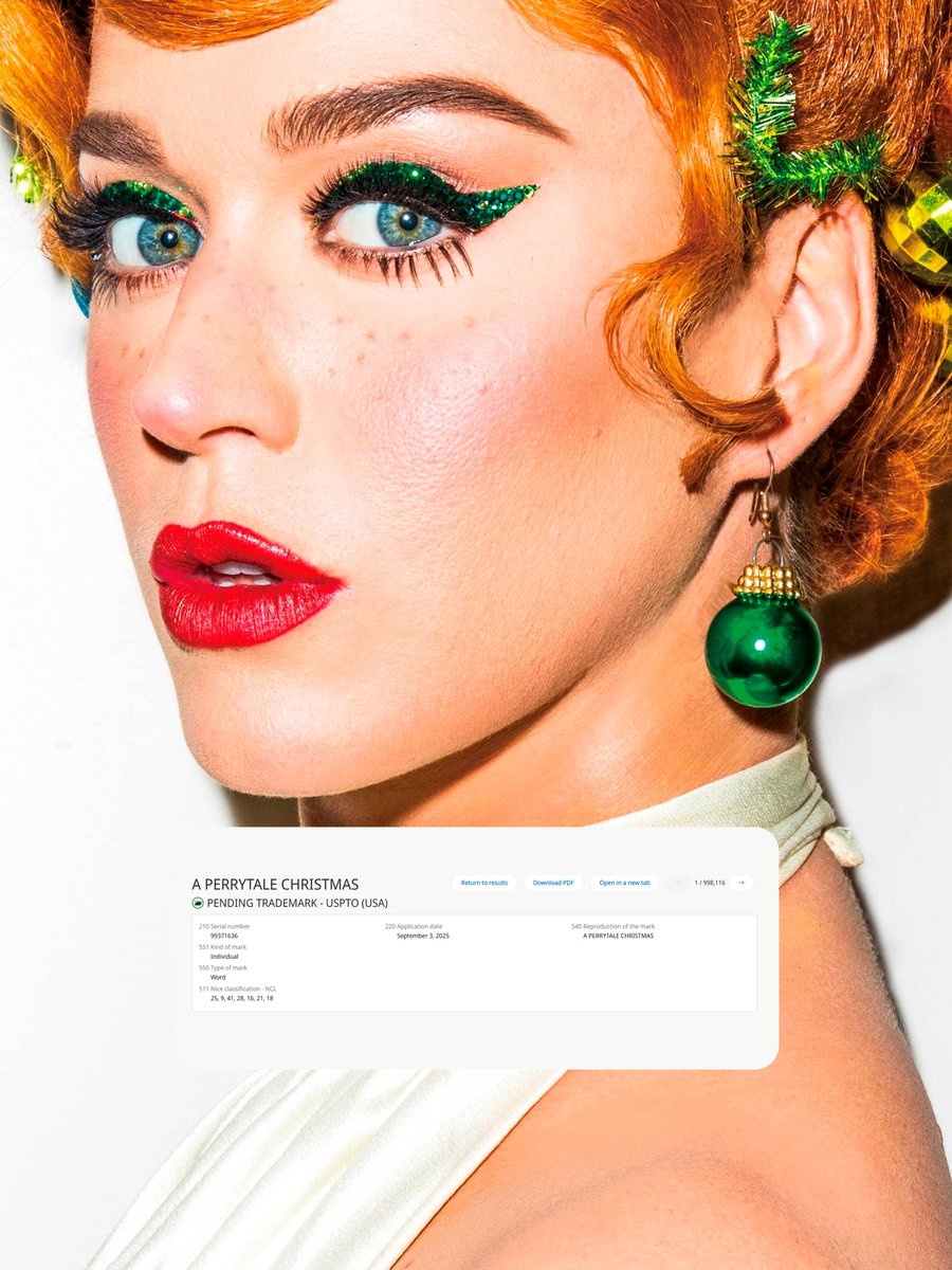 tudokatysite's tweet photo. No início de setembro, Katy Perry solicitou o registro da marca “A PERRYTALE CHRISTMAS”, que contempla uma ampla variedade de produtos e serviços. Entre as classificações estão roupas, gravações musicais, jogos e brinquedos, artigos de papelaria, garrafas, mochilas e bolsas, além de serviços de entretenimento e apresentações musicais ao vivo.