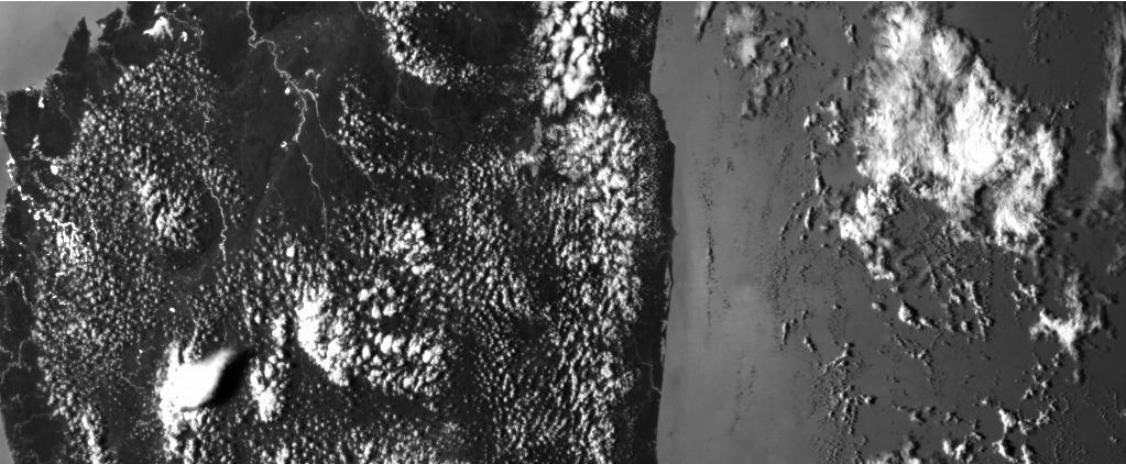 Part of the island of Madagascar in black and white.
