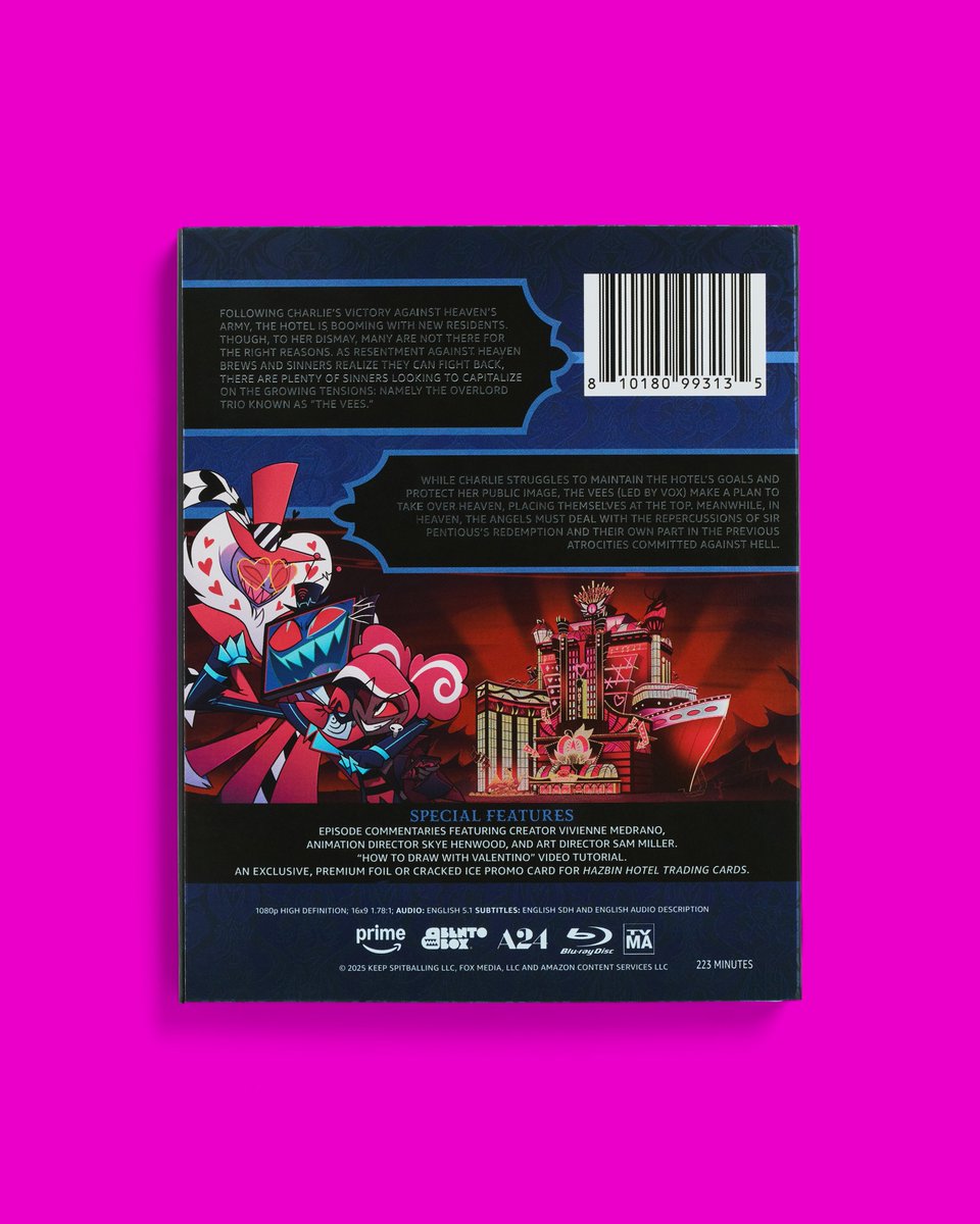 HELLAVERSE's tweet photo. LIVE ON EVERY TV. Season Two of Hazbin Hotel is now available to own on Blu-ray, featuring exclusive commentaries and a brand-new trading card. https://t.co/pSnwymu6dg https://t.co/BSnr5hMG7P