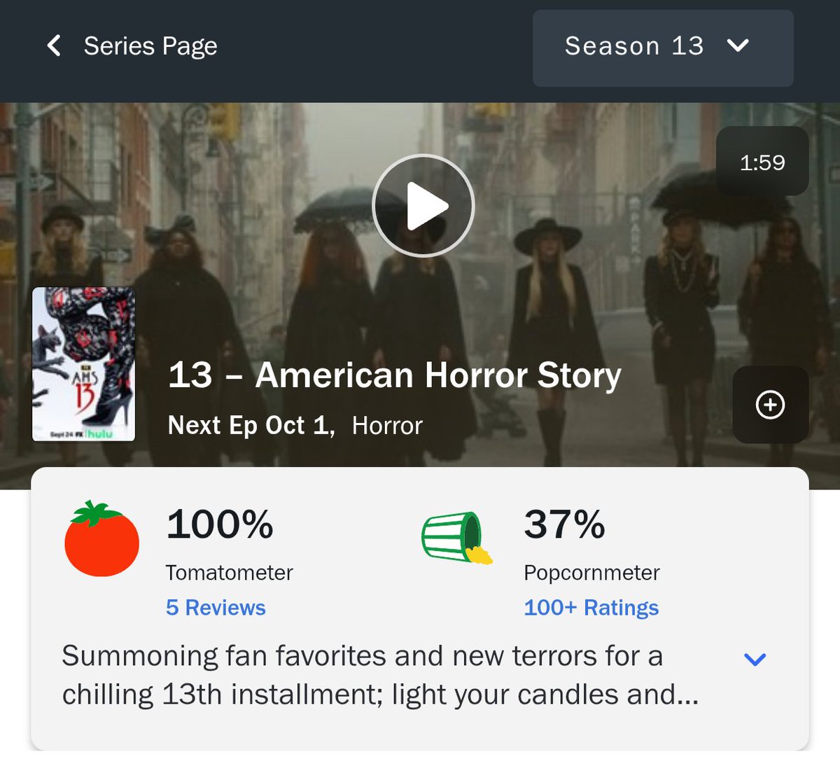 ahsfxoficial's tweet photo. 🚨 American Horror Story: 13 debutou com 100% de aprovação da crítica no Rotten Tomatoes!
#AHS13 https://t.co/LsGSalaOO6