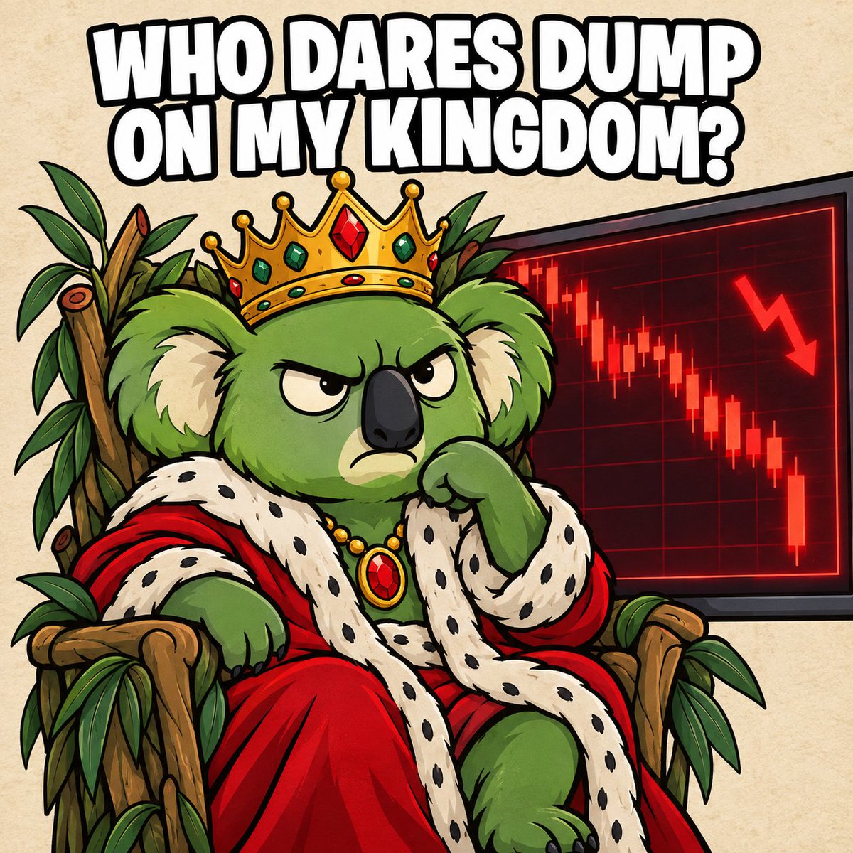 EmmOnChain's tweet photo. Who dares dump on my kingdom? 👑🐨 #KOALAMeme @KOALAonSOL https://t.co/RUseQooY64